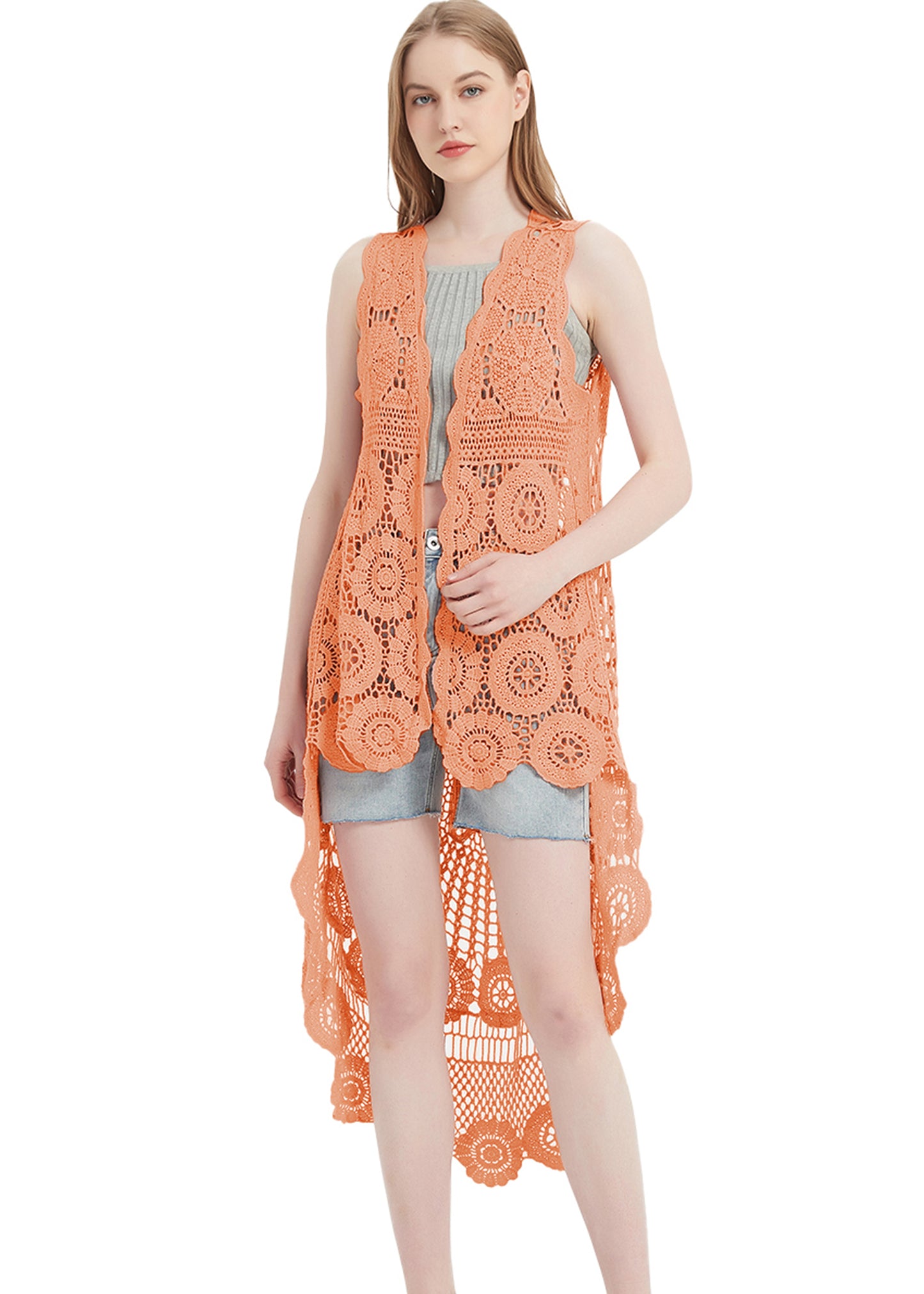 Womens Hippie Bohemian Floral Crochet Lace Trim Sleeveless Vest Cardigan