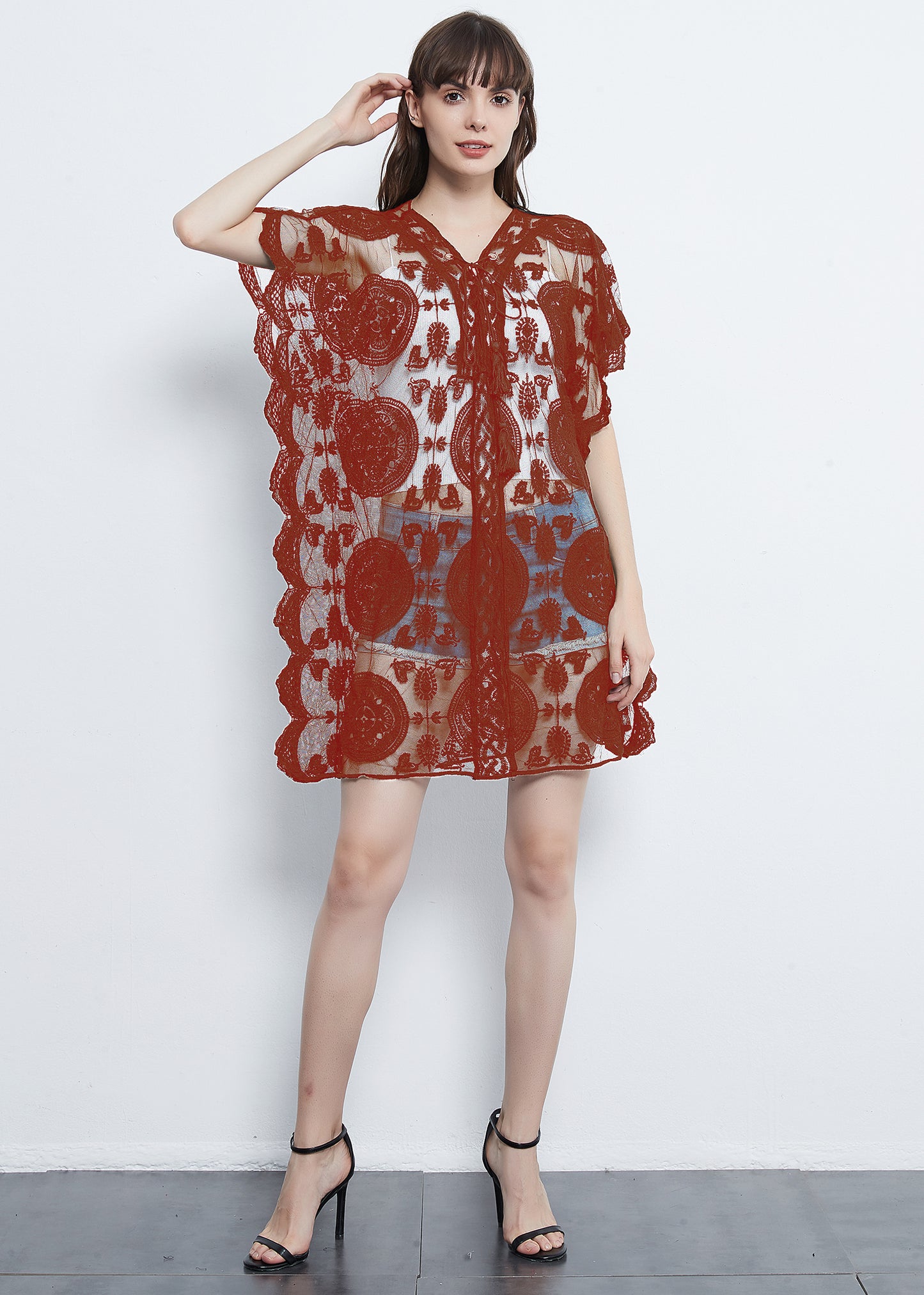 Embroidered Mesh Beach Cover Up Lace Sheer Midi Dress