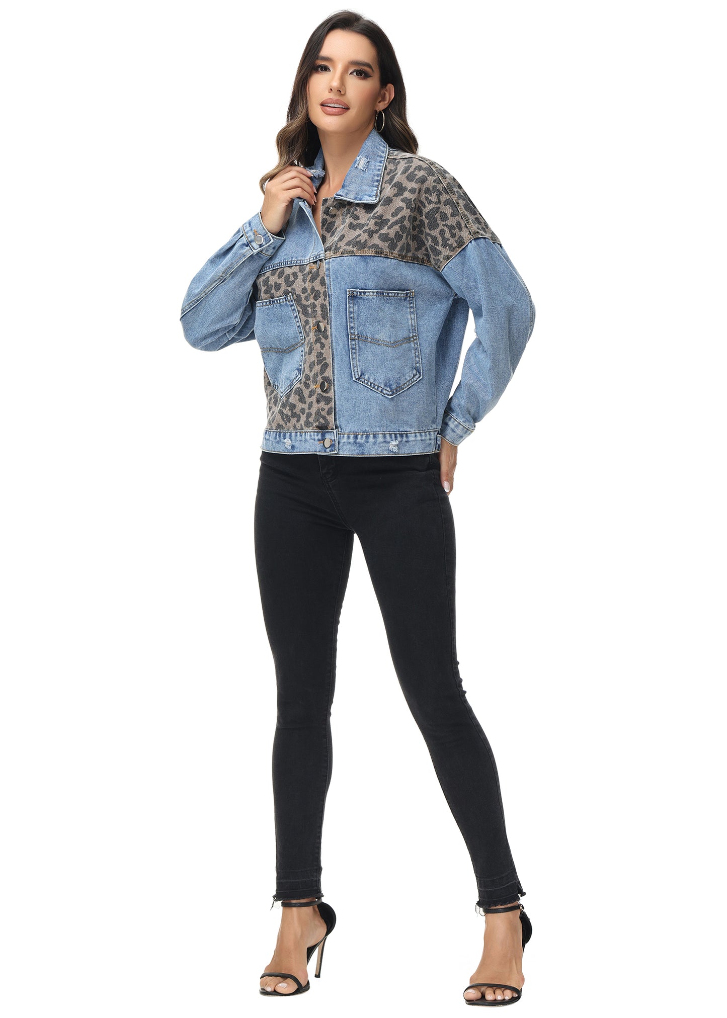Anna-Kaci Women Long Sleeve Leopard Print Colorblock Denim Jacket Distressed Boyfriend Outerwear, Black, Large