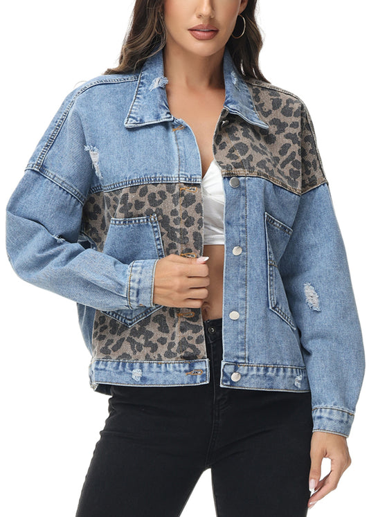Anna-Kaci Women Long Sleeve Leopard Print Colorblock Denim Jacket Distressed Boyfriend Outerwear, Black, Large - ALILANG.COM