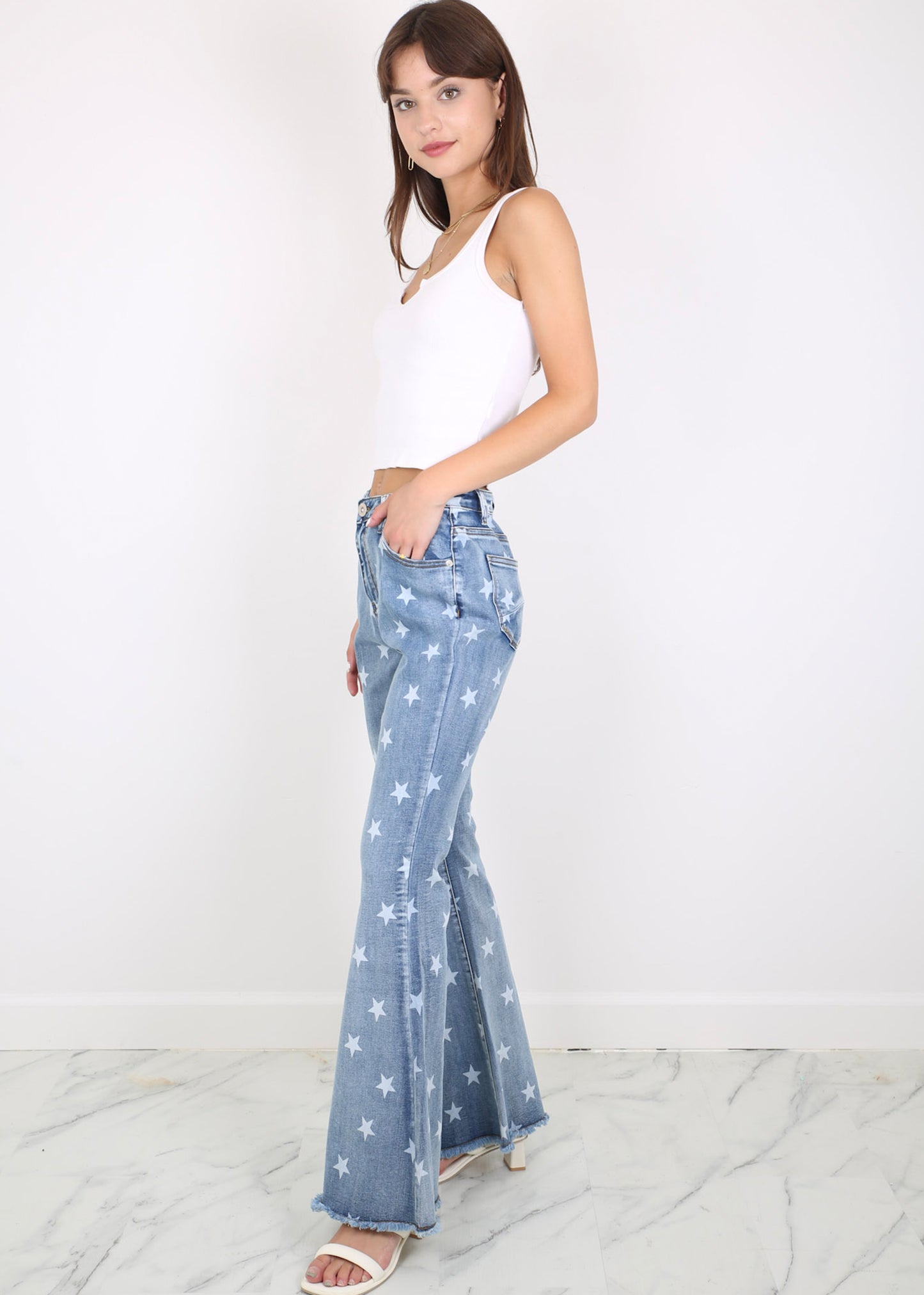 Floral Daisy Embroidered Mid Rise Bell Bottom Flare Frayed Hem Jeans