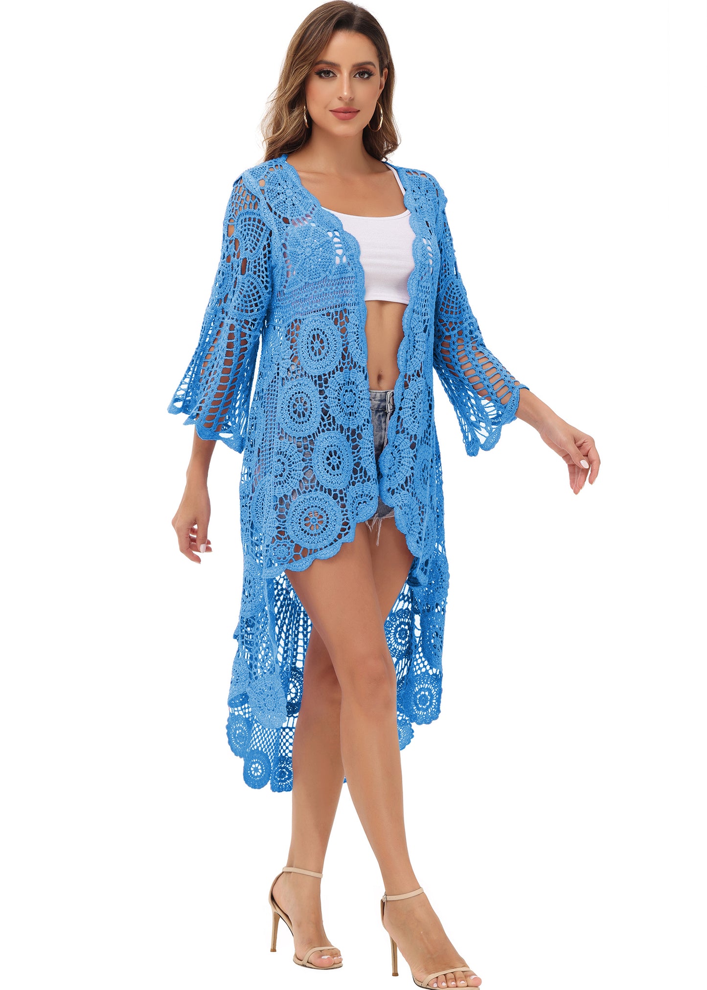 Anna-Kaci Women's Crochet Long Vest Boho Short Sleeve Kimono Cardigan Swimwear Cover up