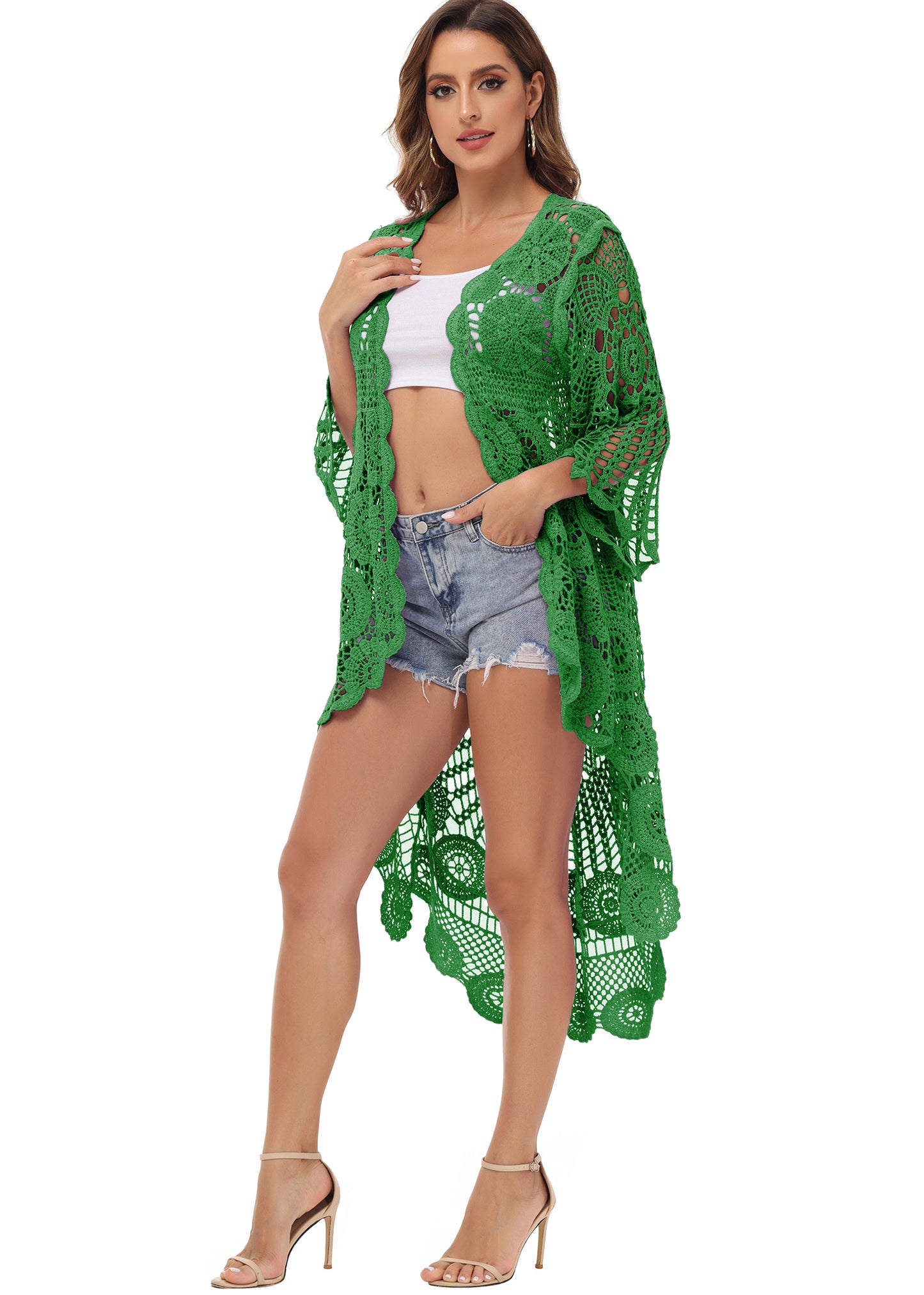 Anna-Kaci Women's Crochet Long Vest Boho Short Sleeve Kimono Cardigan Swimwear Cover up