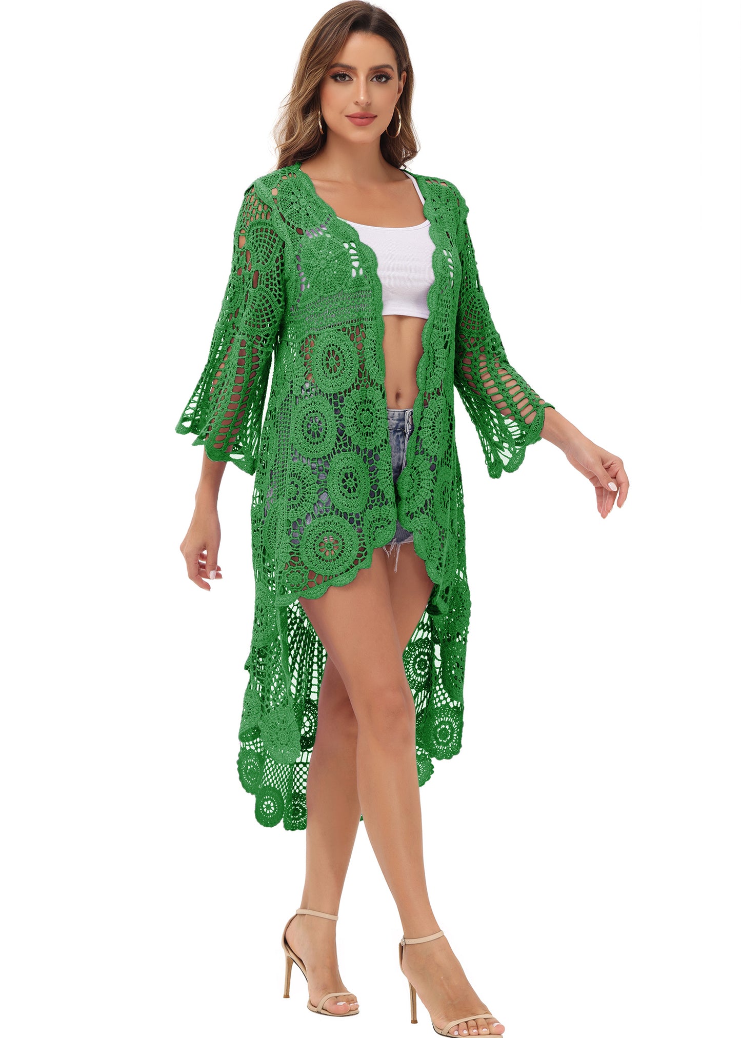 Anna-Kaci Women's Crochet Long Vest Boho Short Sleeve Kimono Cardigan Swimwear Cover up