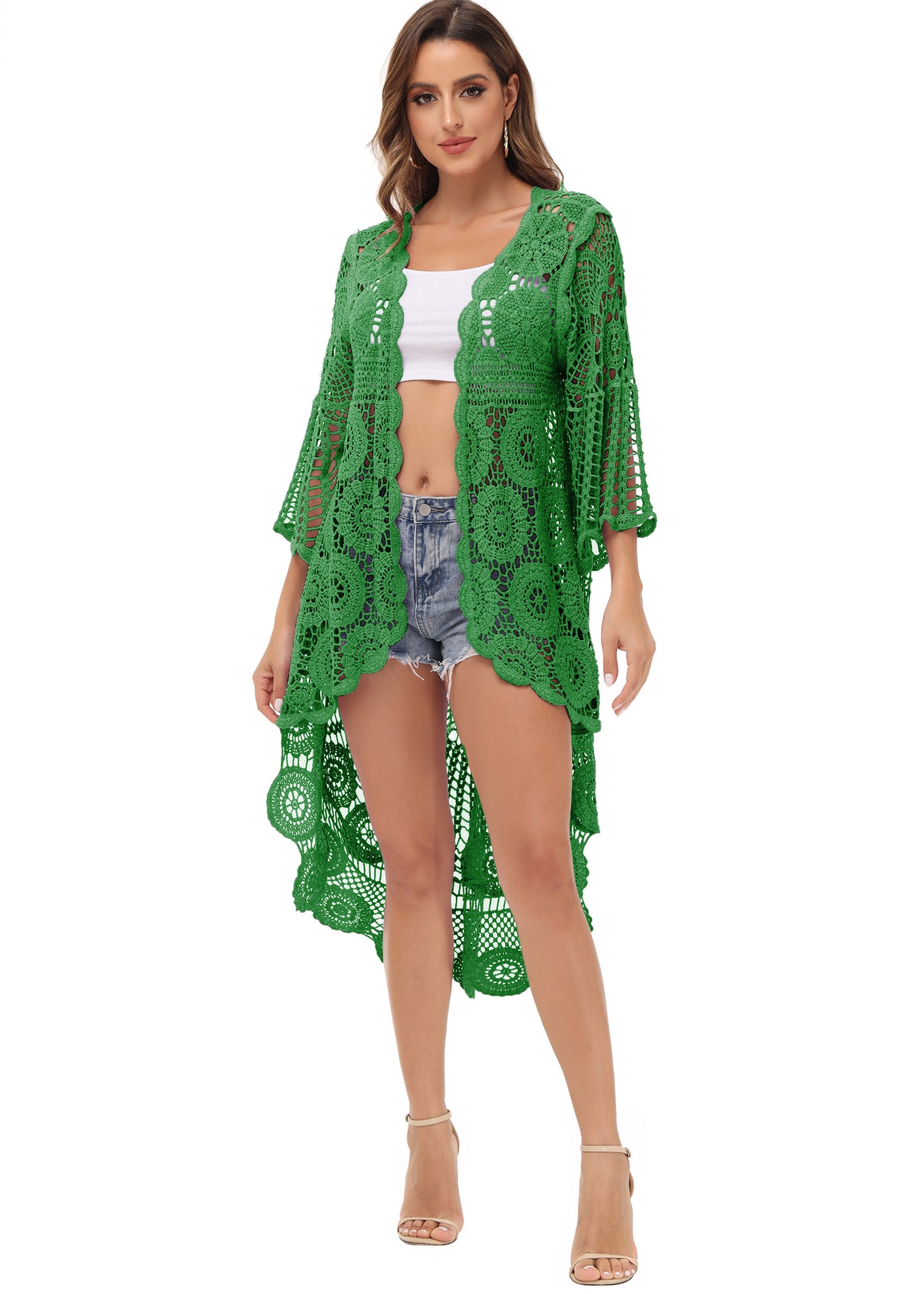 Anna-Kaci Women's Crochet Long Vest Boho Short Sleeve Kimono Cardigan Swimwear Cover up