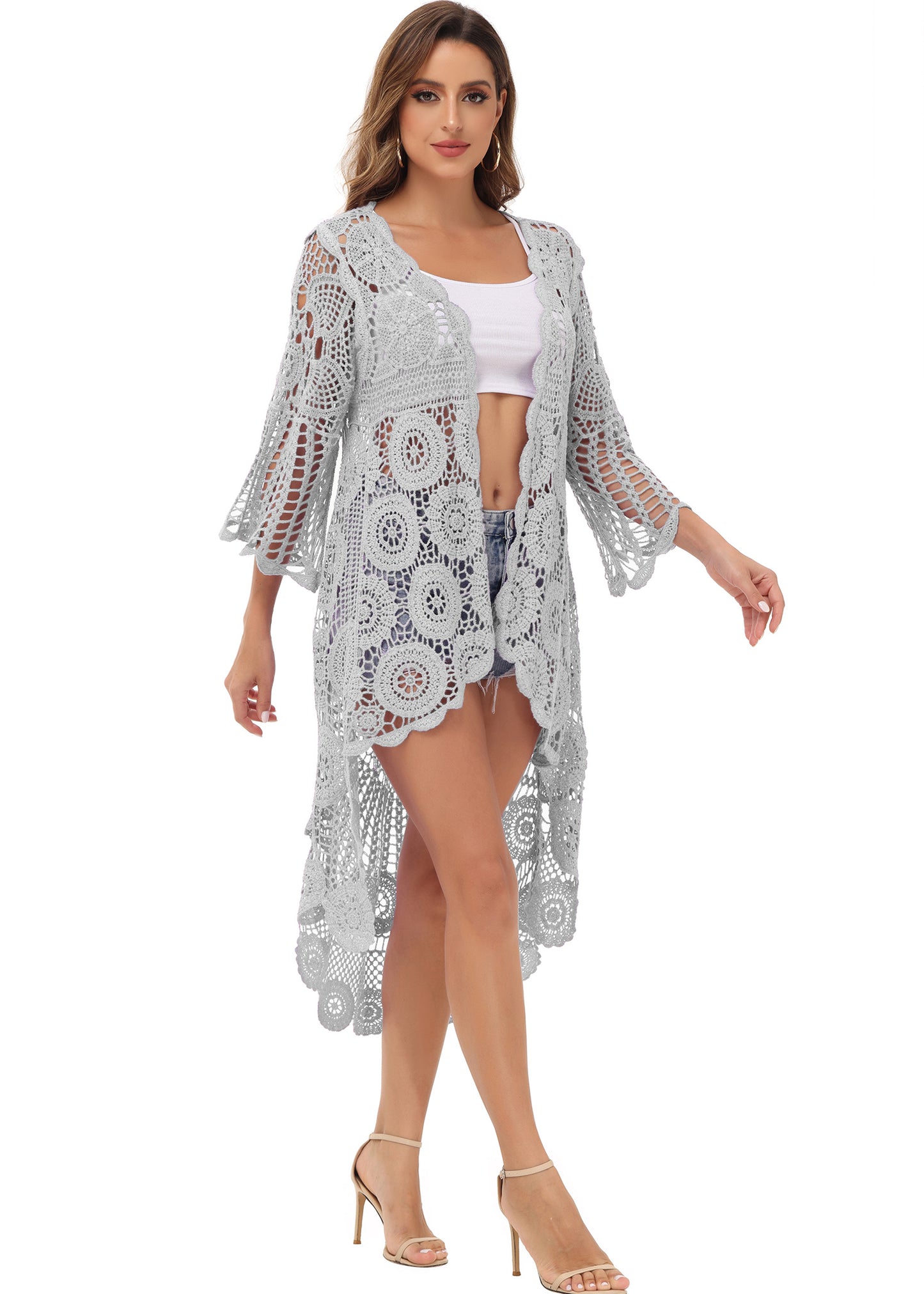 Anna-Kaci Women's Crochet Long Vest Boho Short Sleeve Kimono Cardigan Swimwear Cover up