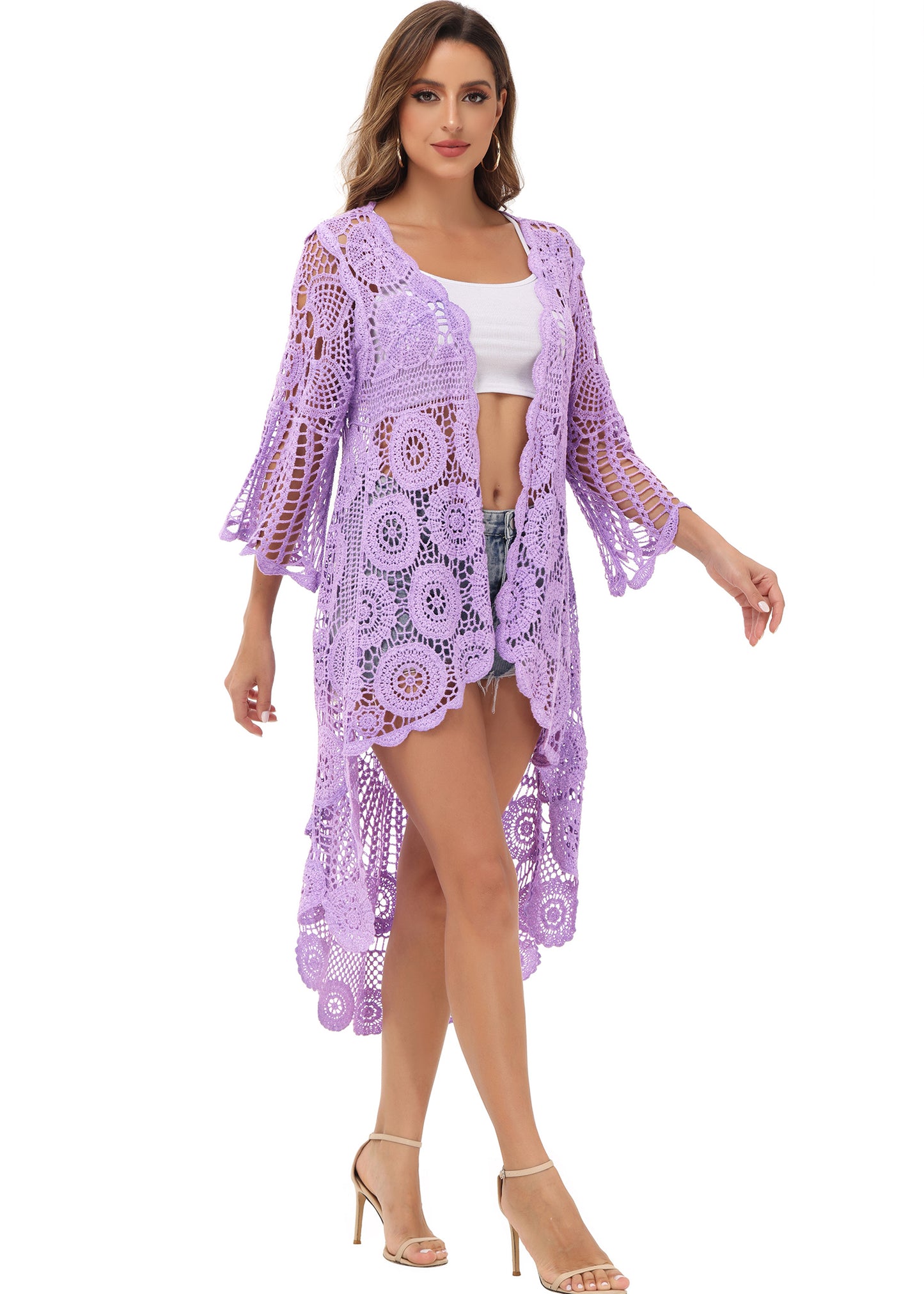 Anna-Kaci Women's Crochet Long Vest Boho Short Sleeve Kimono Cardigan Swimwear Cover up