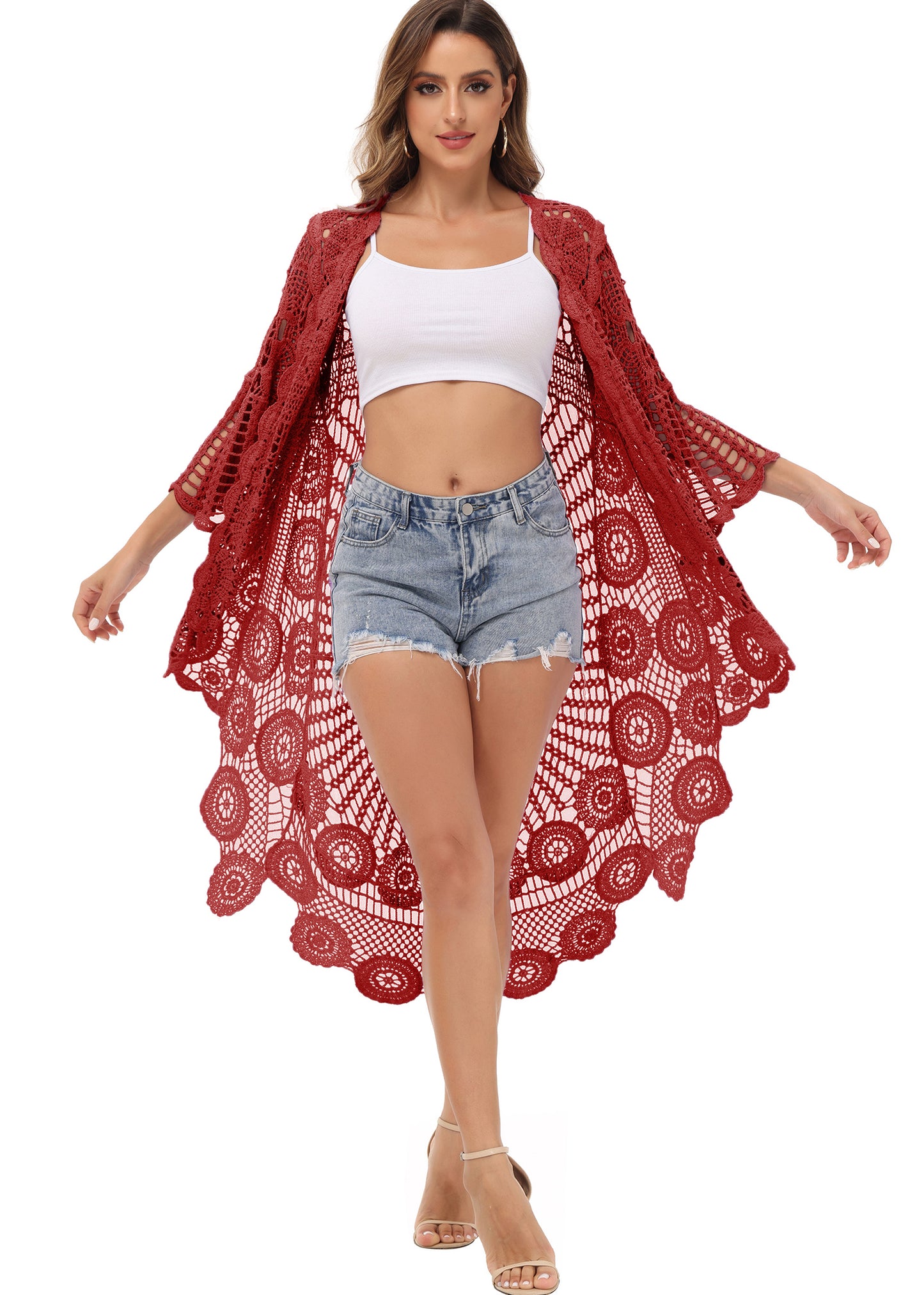 Anna-Kaci Women's Crochet Long Vest Boho Short Sleeve Kimono Cardigan Swimwear Cover up