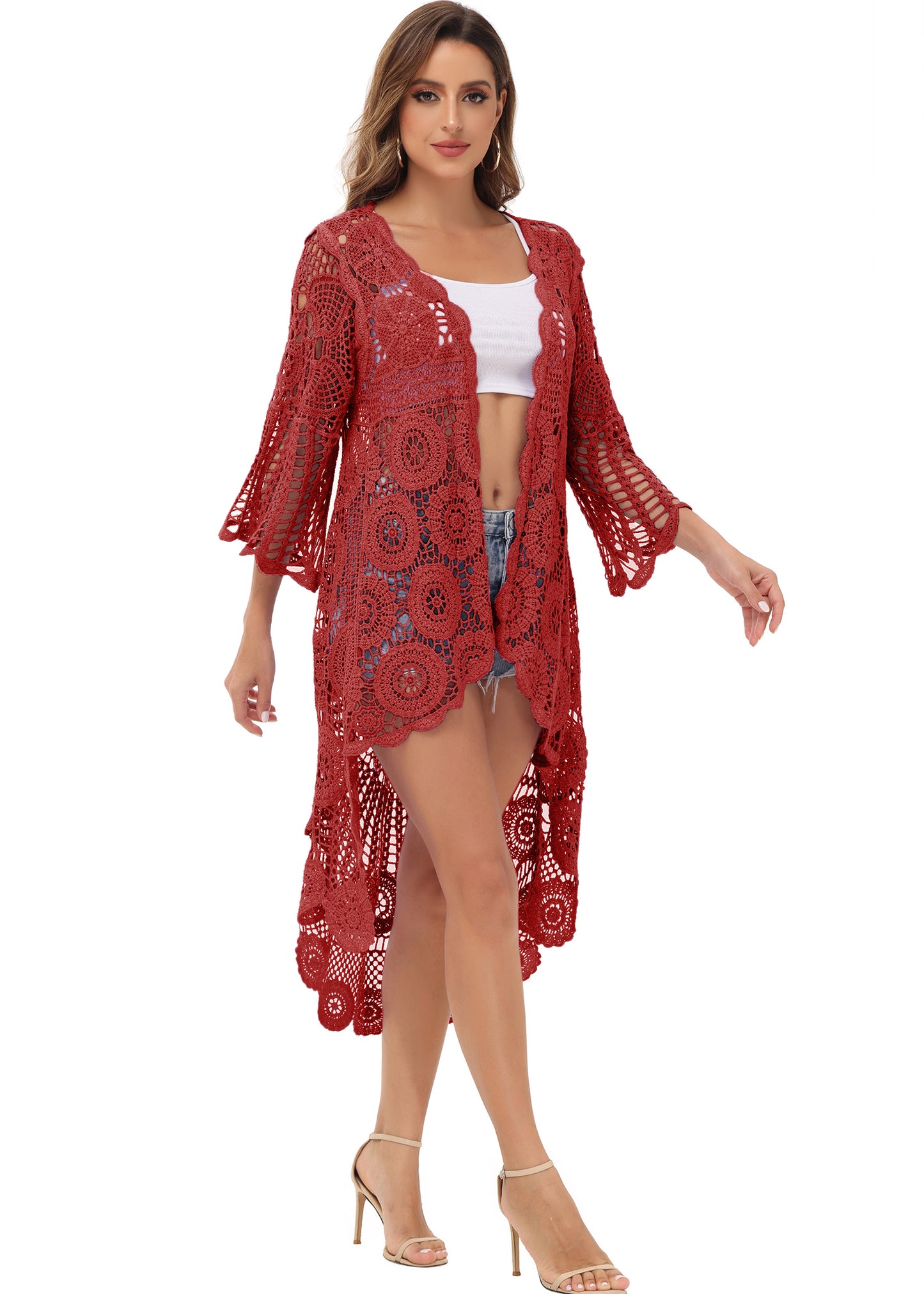 Anna-Kaci Women's Crochet Long Vest Boho Short Sleeve Kimono Cardigan Swimwear Cover up