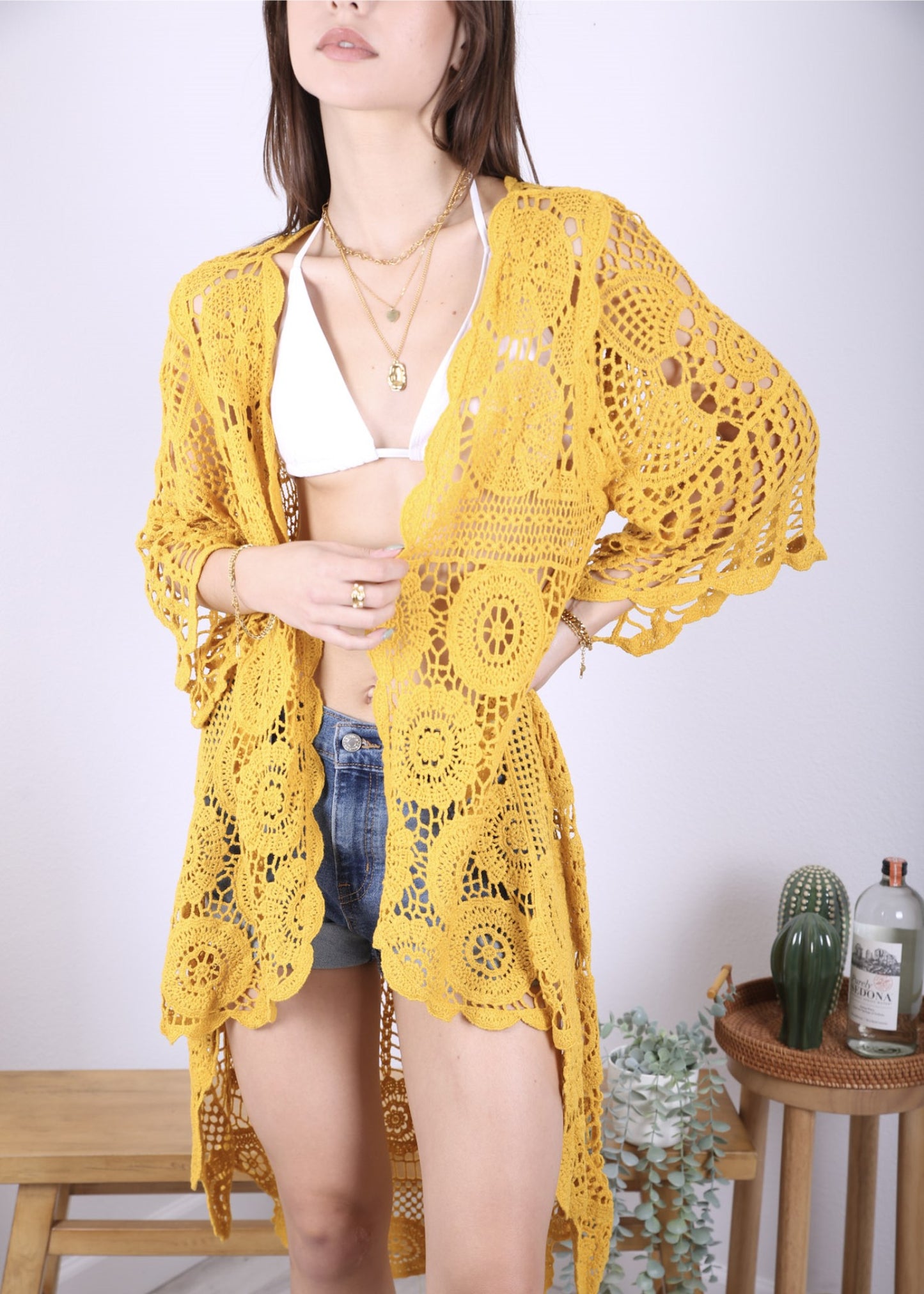 Anna-Kaci Women's Crochet Long Vest Boho Short Sleeve Kimono Cardigan Swimwear Cover up