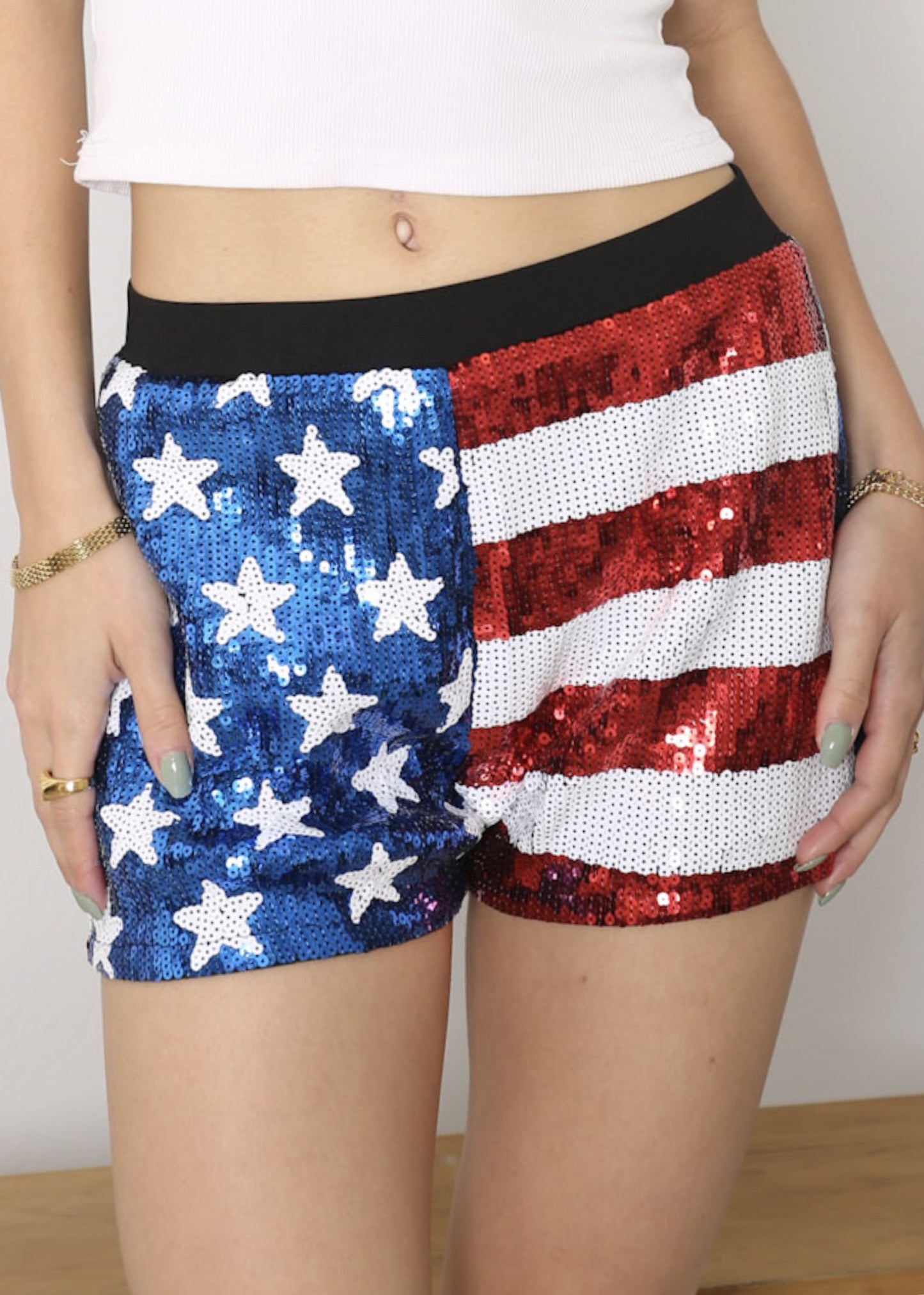 Anna-Kaci Women's Mid Rise July 4th USA Flag Star Stripes Sparkly Sequin Shorts