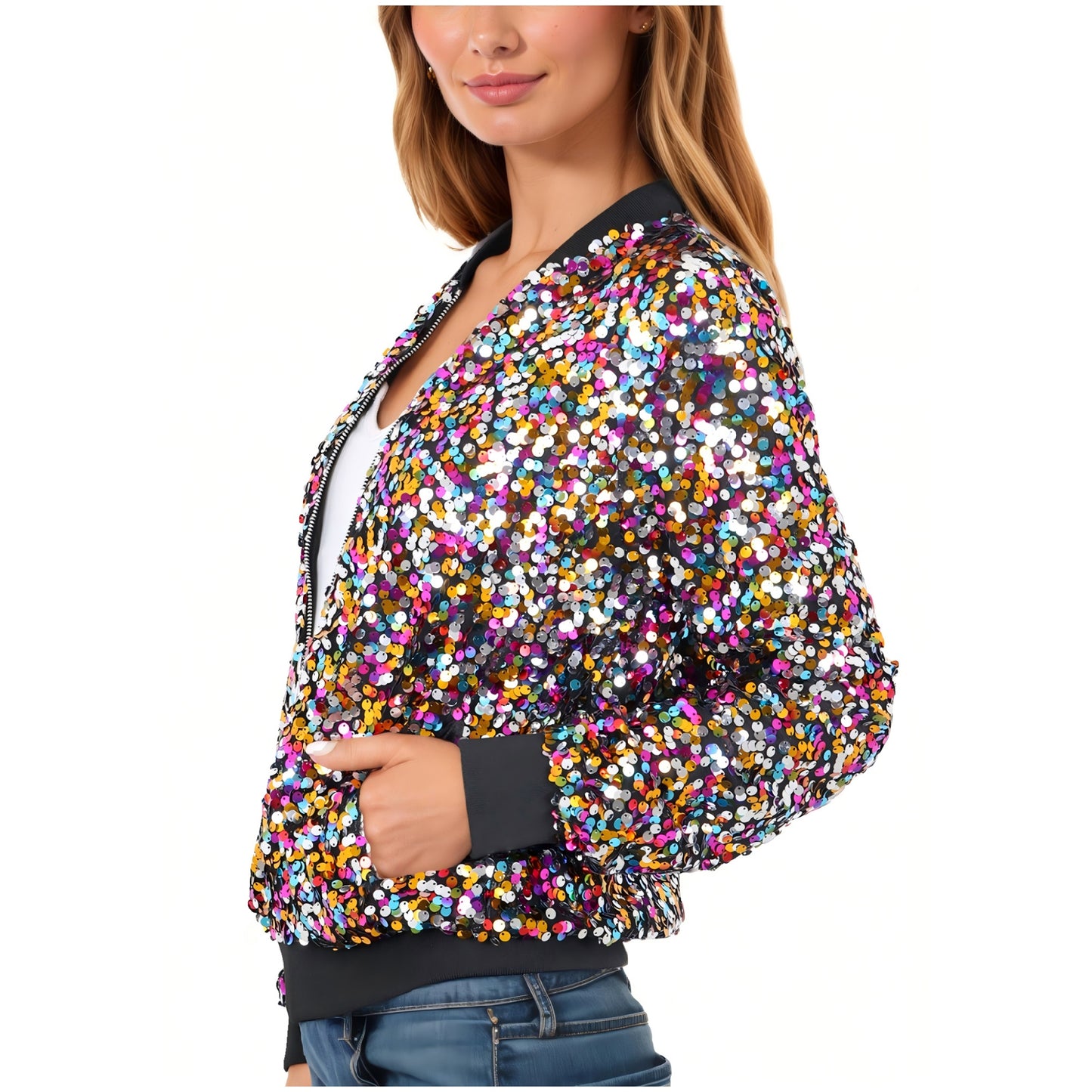 Anna-Kaci Womens Sequin Jacket Sparkle Long Sleeve Front Zip Casual Blazer Bomber Jacket With Pockets