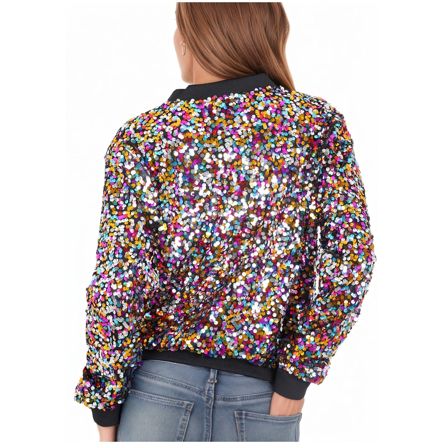 Anna-Kaci Womens Sequin Jacket Sparkle Long Sleeve Front Zip Casual Blazer Bomber Jacket With Pockets