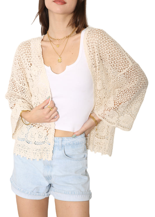 Anna-Kaci Womens Hippie Bohemian Floral Crochet Trim Swimsuit Cover Up Cardigan