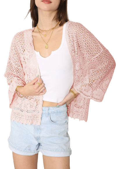 Anna-Kaci Womens Hippie Bohemian Floral Crochet Trim Swimsuit Cover Up Cardigan