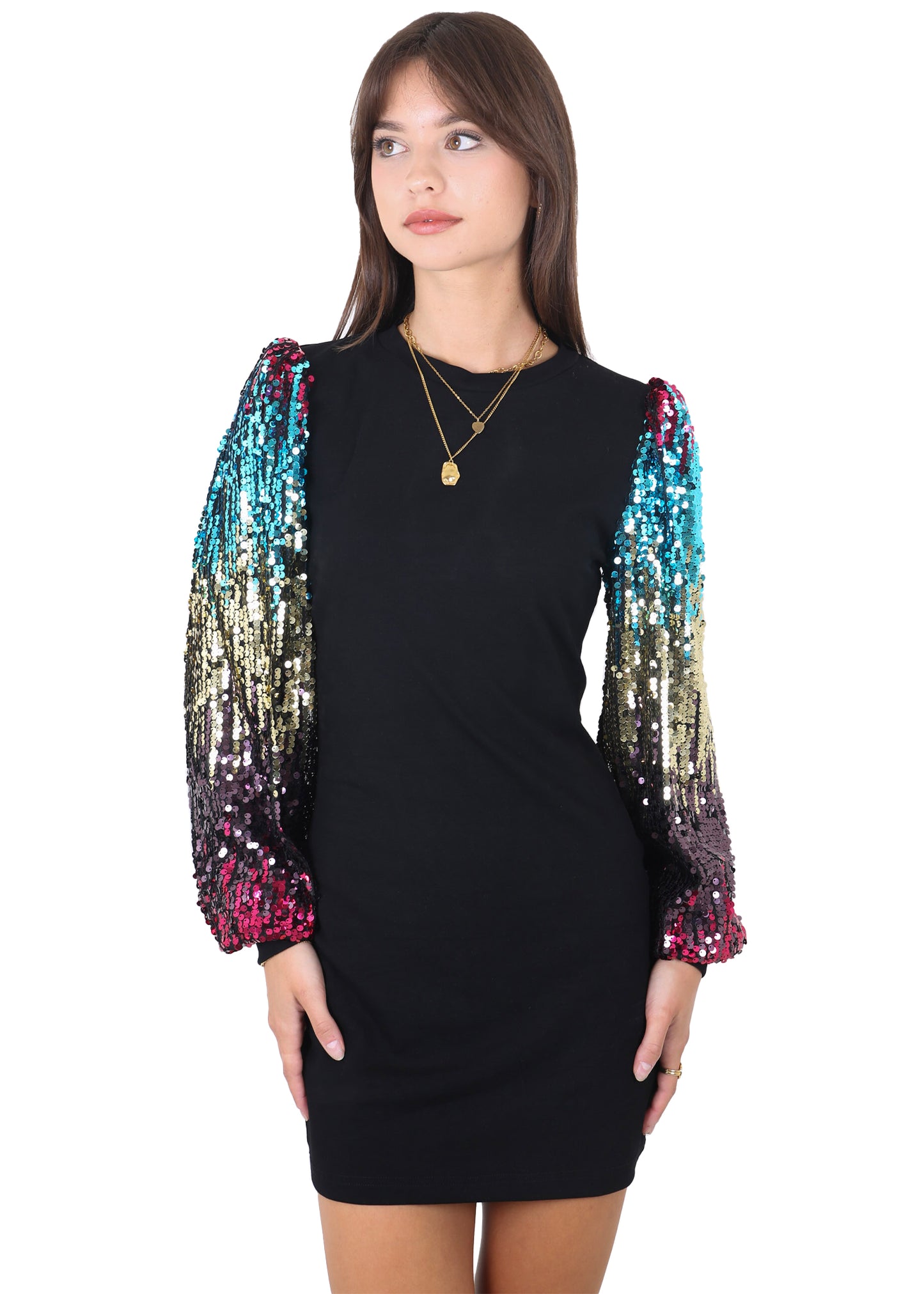 Anna-Kaci Women's Confetti Sequin Balloon Long Sleeve Round Neck Pullover Dress