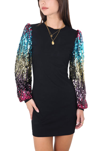 Anna-Kaci Women's Confetti Sequin Balloon Long Sleeve Round Neck Pullover Dress