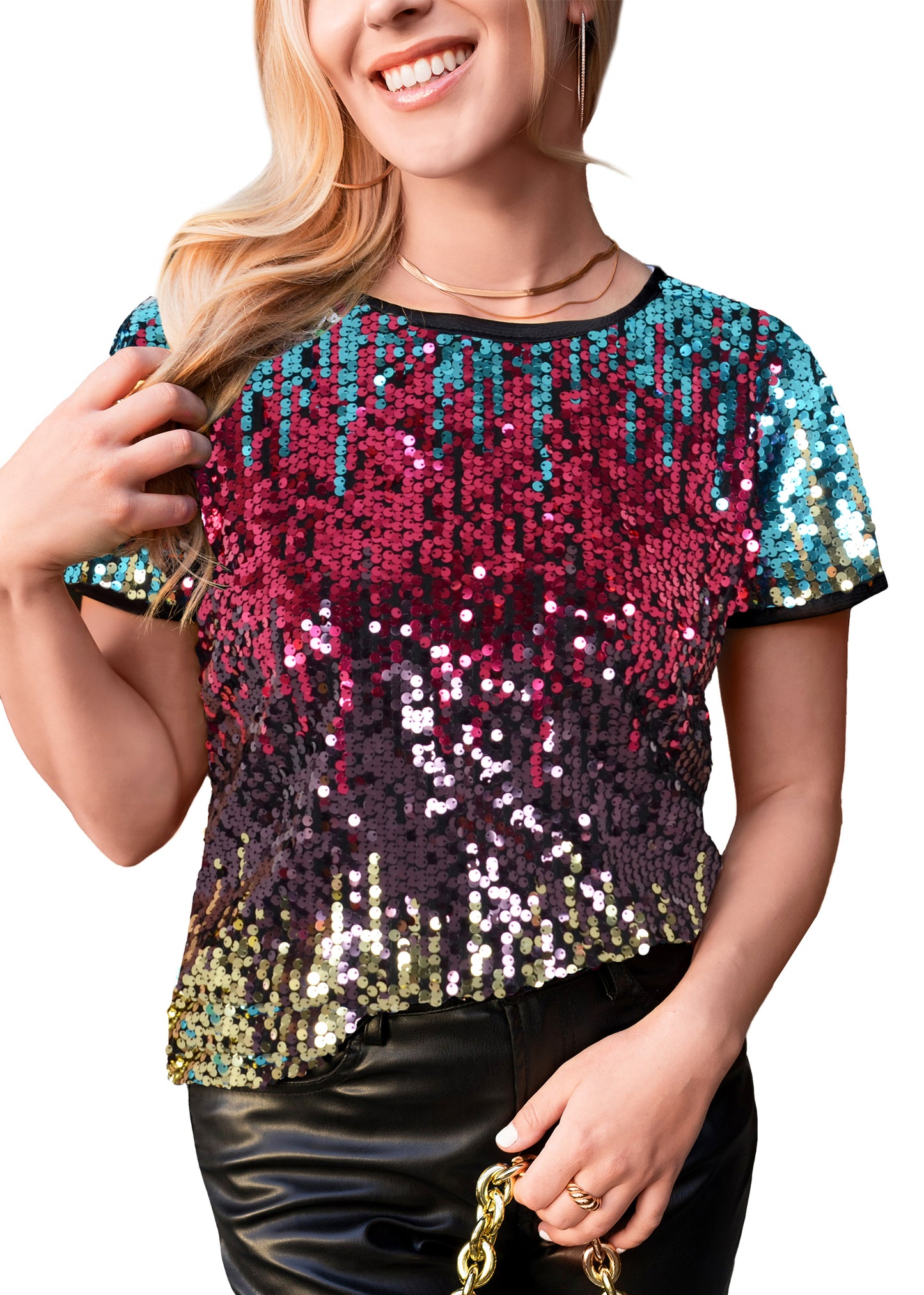 Anna-Kaci Women's Glitter Sequin Tops Short Sleeve Sparkly Shirt Blouse