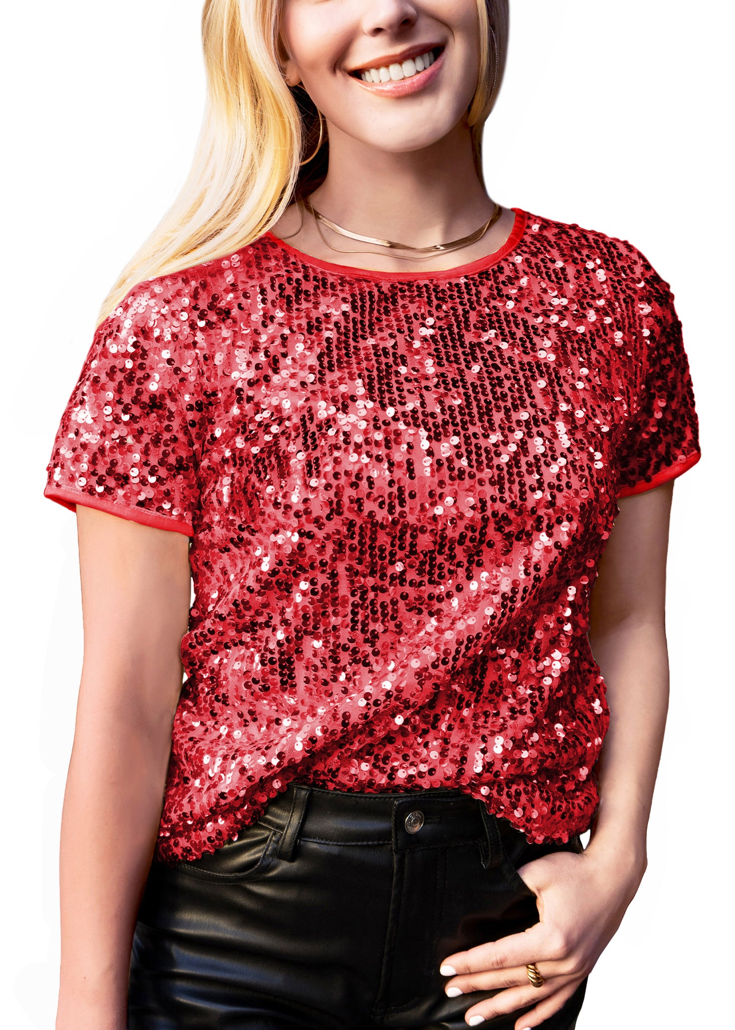 Anna-Kaci Women's Glitter Sequin Tops Short Sleeve Sparkly Shirt Blouse