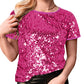 Women's Sequin Short Sleeve Round Neck Sparkly Shirt Blouse