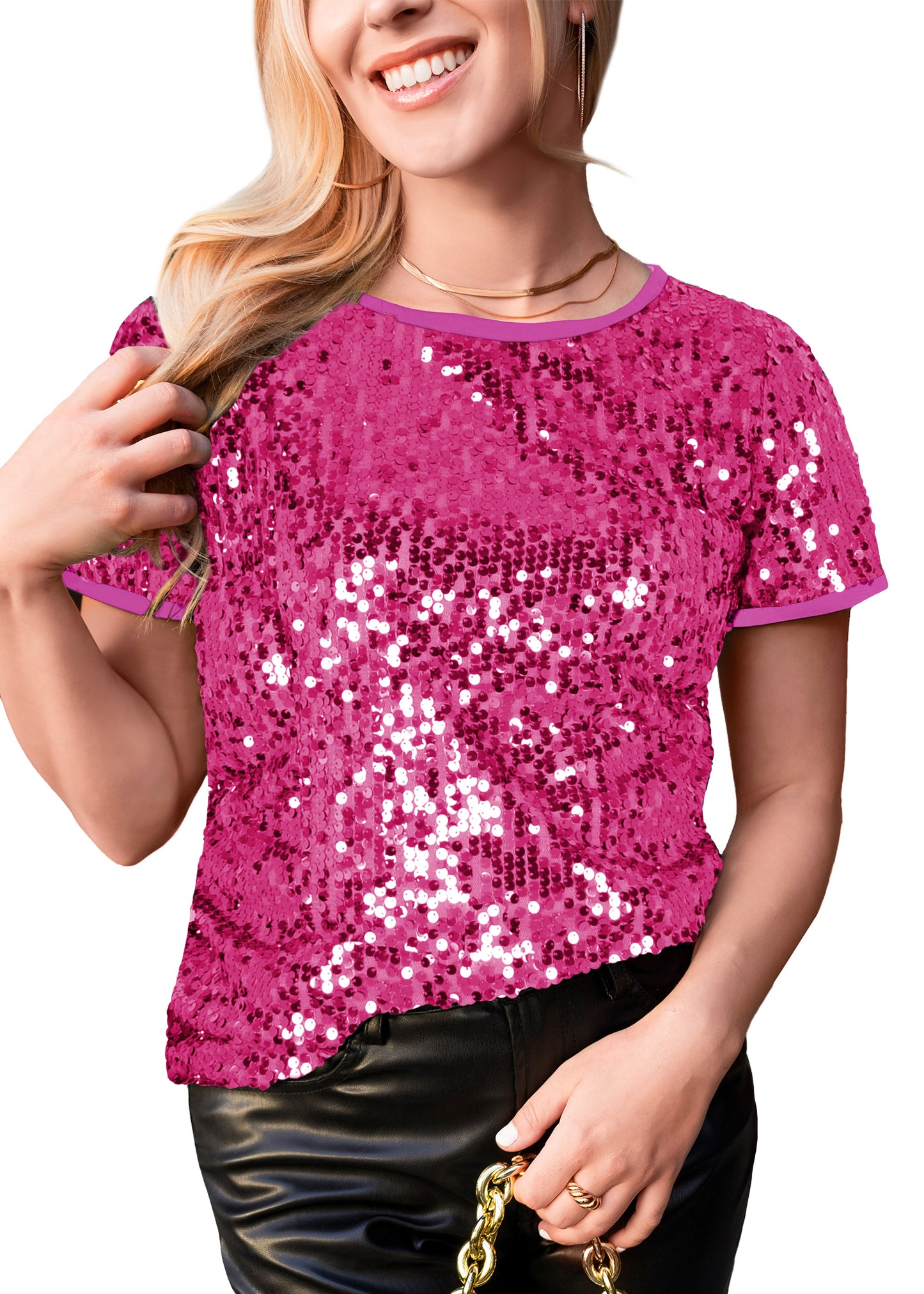 Women's Sequin Short Sleeve Round Neck Sparkly Shirt Blouse