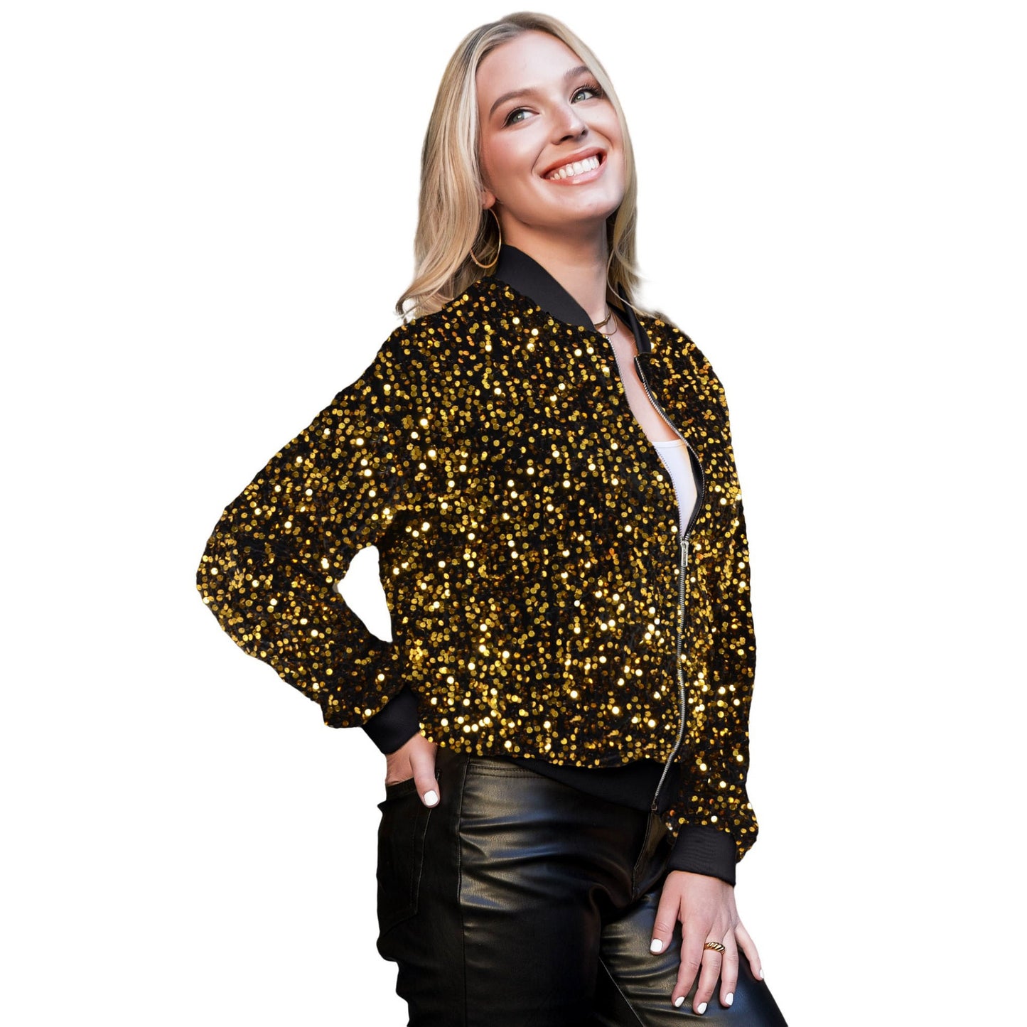 Anna-Kaci Women's Sparkly Sequin Jacket Glitter Long Sleeves Front Zip Up Bomber Jacket with Ribbed Cuffs