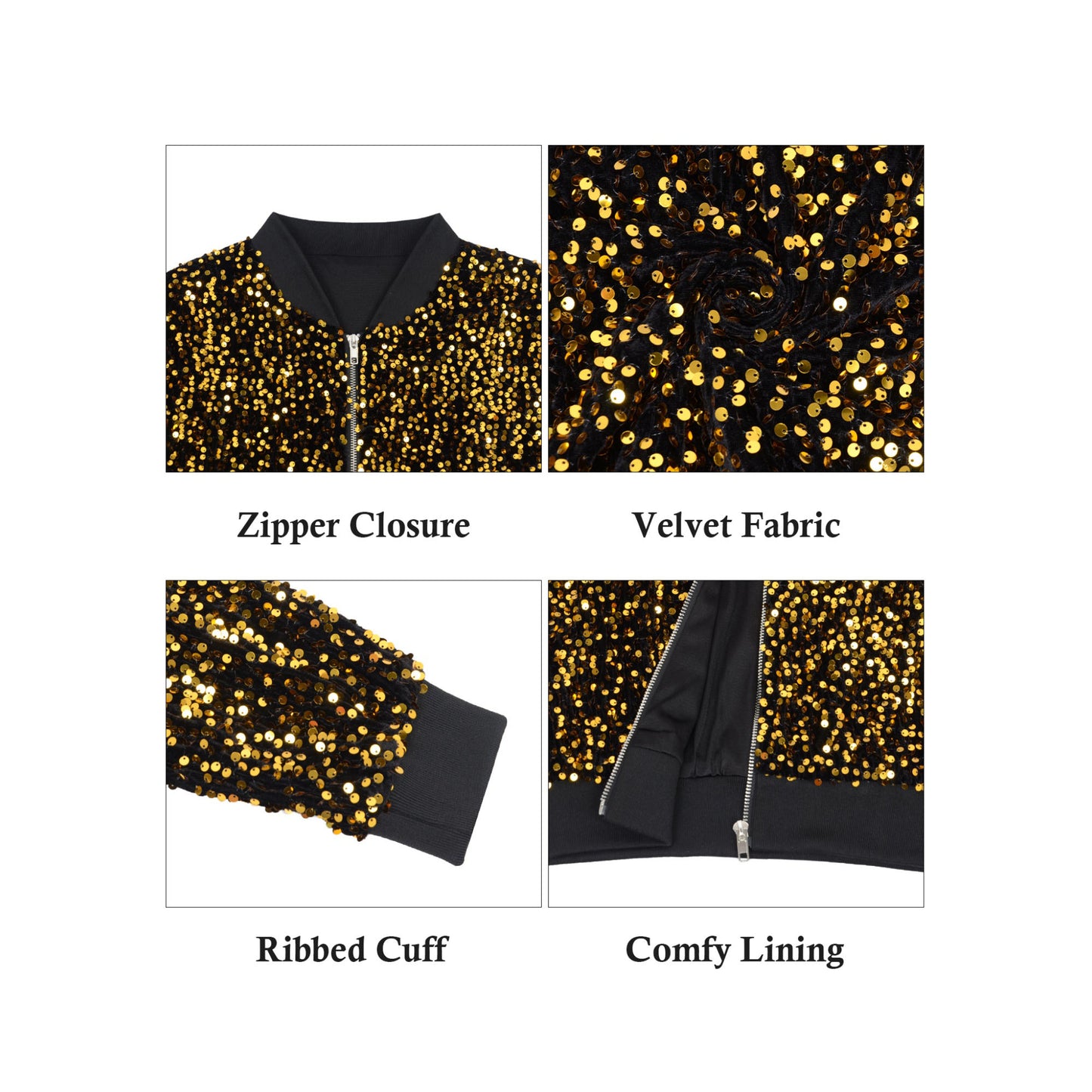 Anna-Kaci Women's Sparkly Sequin Jacket Glitter Long Sleeves Front Zip Up Bomber Jacket with Ribbed Cuffs