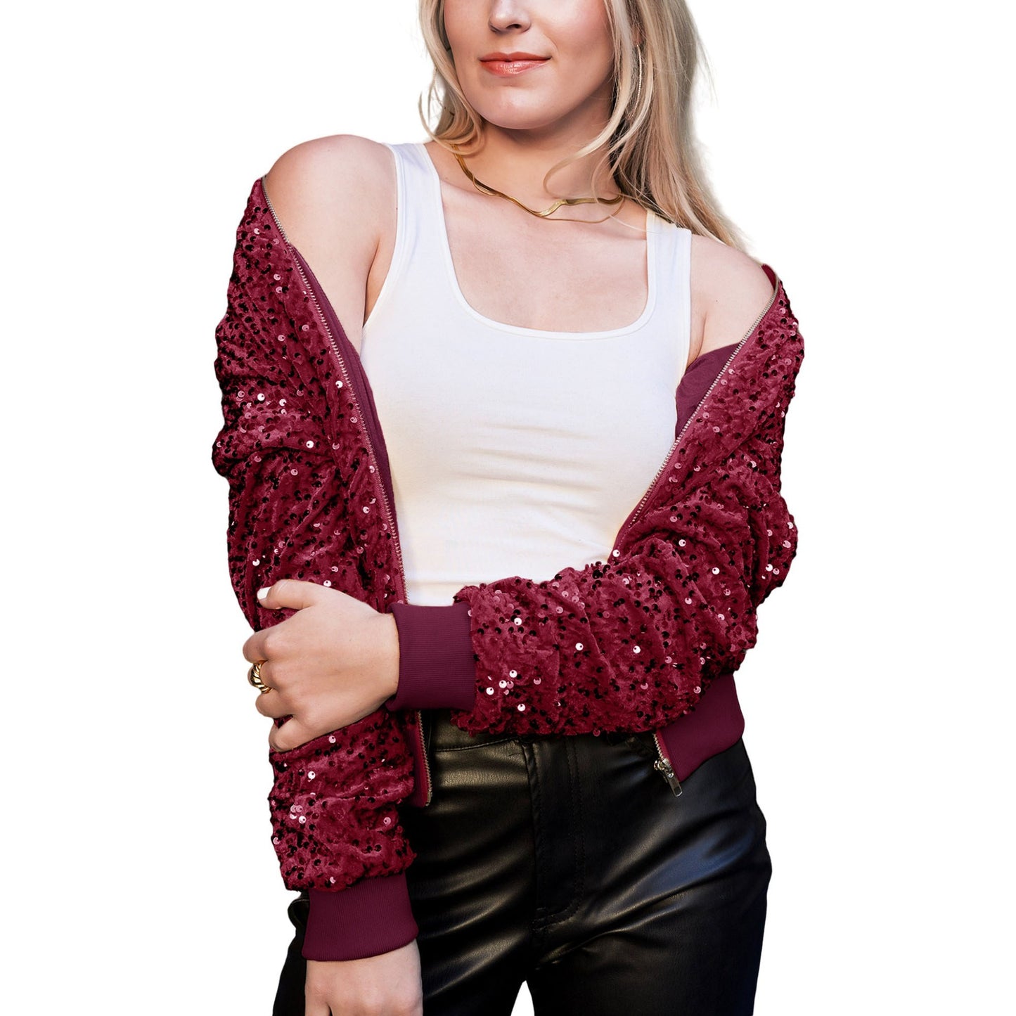 Anna-Kaci Women's Sparkly Sequin Jacket Glitter Long Sleeves Front Zip Up Bomber Jacket with Ribbed Cuffs