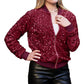 Anna-Kaci Women's Sparkly Sequin Jacket Glitter Long Sleeves Front Zip Up Bomber Jacket with Ribbed Cuffs