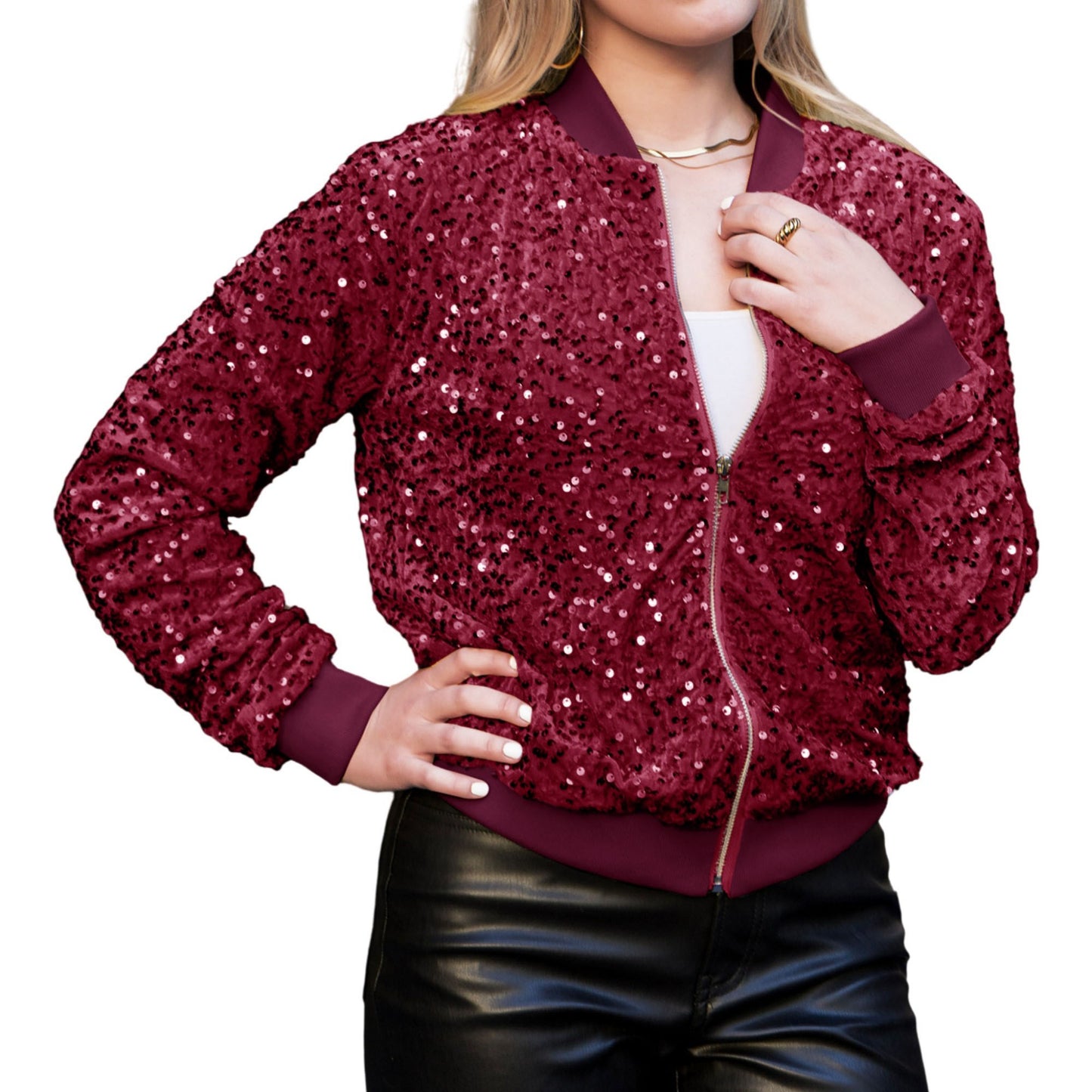 Anna-Kaci Women's Sparkly Sequin Jacket Glitter Long Sleeves Front Zip Up Bomber Jacket with Ribbed Cuffs