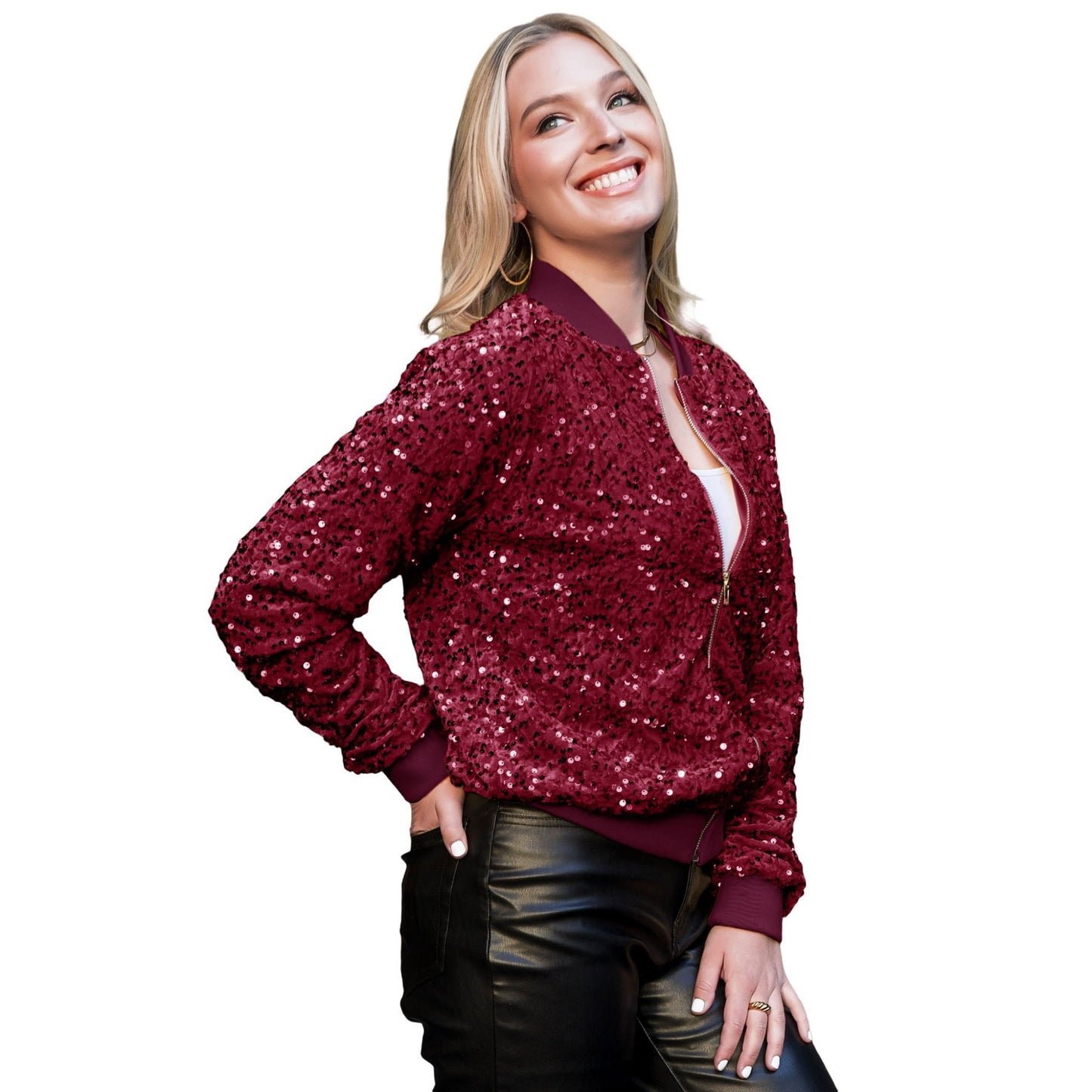 Anna-Kaci Women's Sparkly Sequin Jacket Glitter Long Sleeves Front Zip Up Bomber Jacket with Ribbed Cuffs