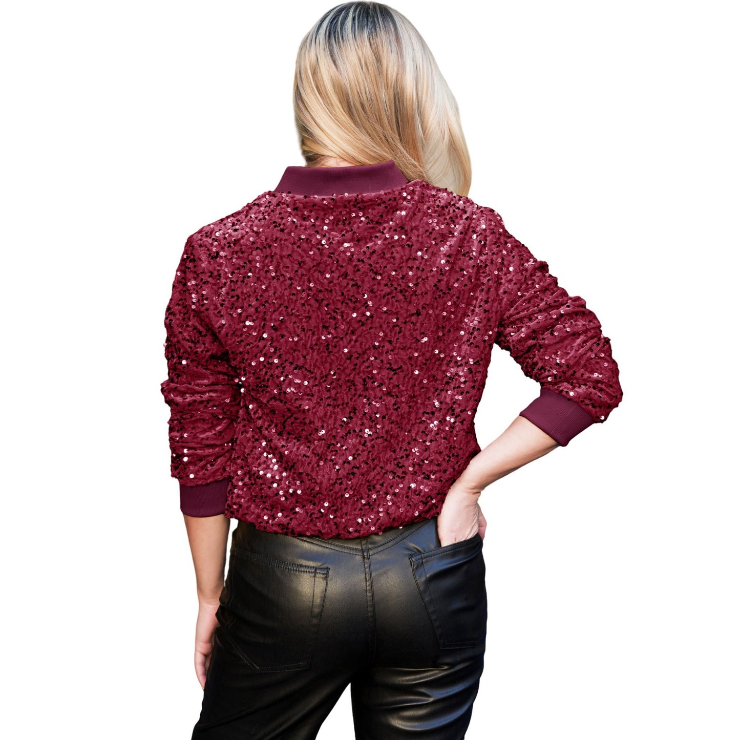 Anna-Kaci Women's Sparkly Sequin Jacket Glitter Long Sleeves Front Zip Up Bomber Jacket with Ribbed Cuffs