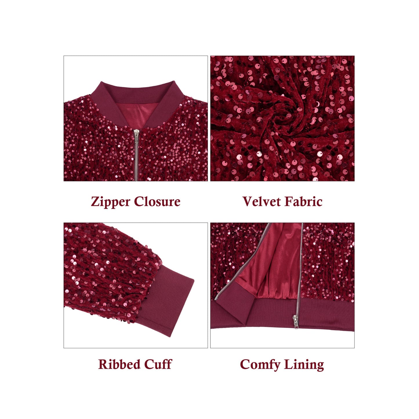 Anna-Kaci Women's Sparkly Sequin Jacket Glitter Long Sleeves Front Zip Up Bomber Jacket with Ribbed Cuffs