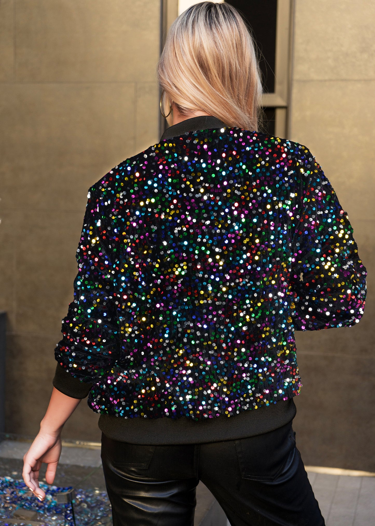 Anna-Kaci Women's Sparkly Sequin Jacket Glitter Long Sleeves Front Zip Up Bomber Jacket with Ribbed Cuffs