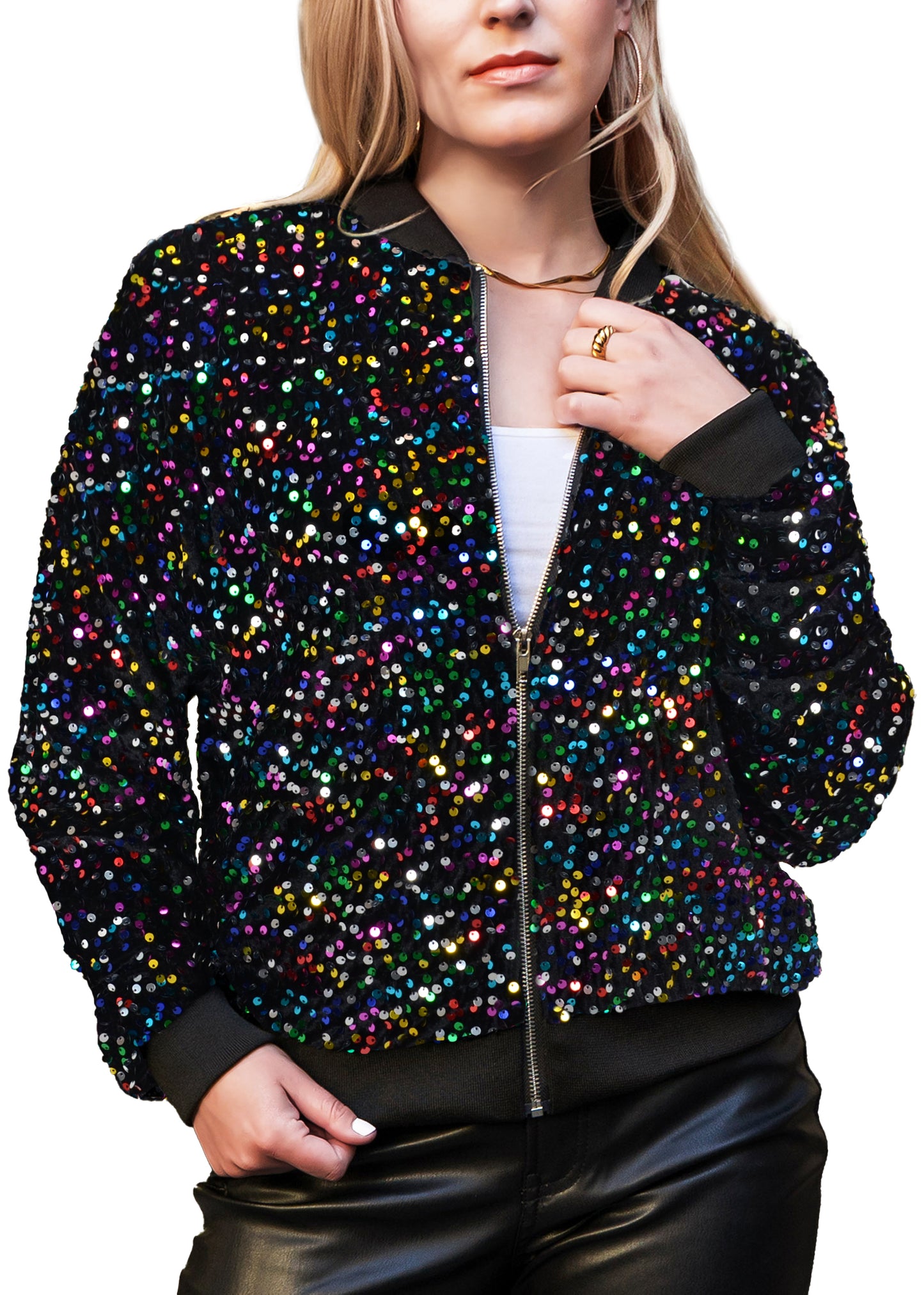 Anna-Kaci Women's Sparkly Sequin Jacket Glitter Long Sleeves Front Zip Up Bomber Jacket with Ribbed Cuffs