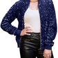 Anna-Kaci Women's Sparkly Sequin Jacket Glitter Long Sleeves Front Zip Up Bomber Jacket with Ribbed Cuffs