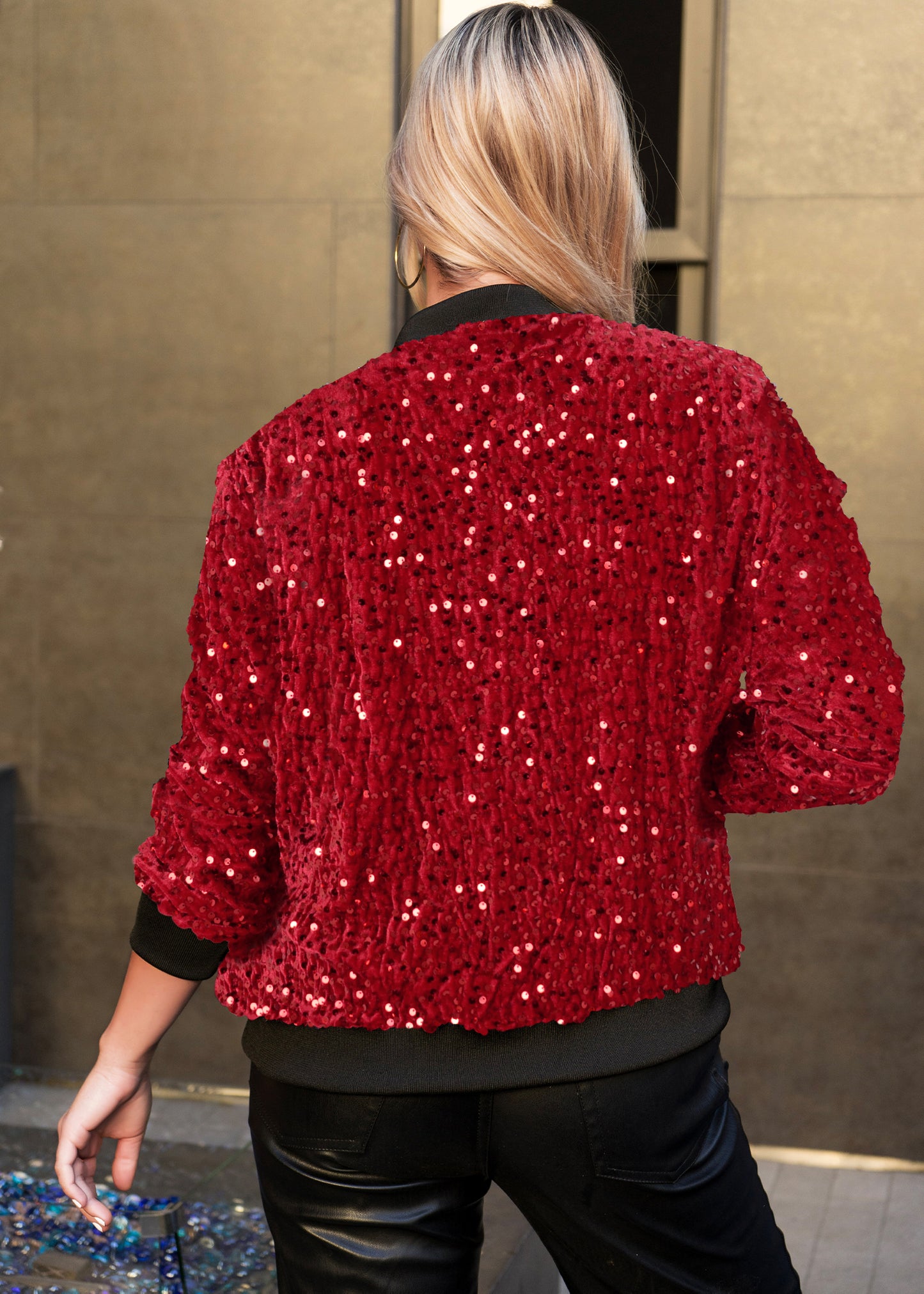 Anna-Kaci Women's Sparkly Sequin Jacket Glitter Long Sleeves Front Zip Up Bomber Jacket with Ribbed Cuffs