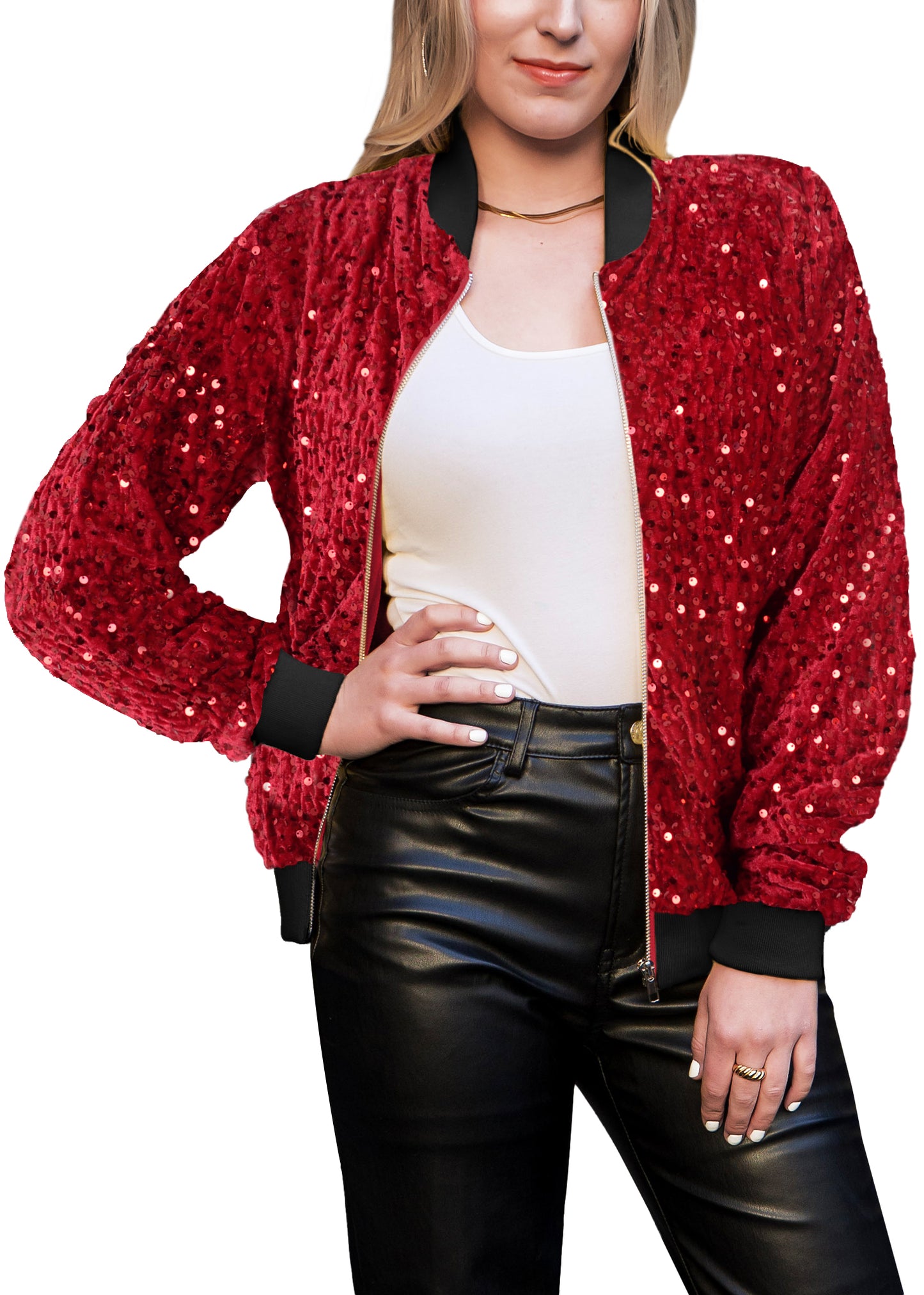 Anna-Kaci Women's Sparkly Sequin Jacket Glitter Long Sleeves Front Zip Up Bomber Jacket with Ribbed Cuffs