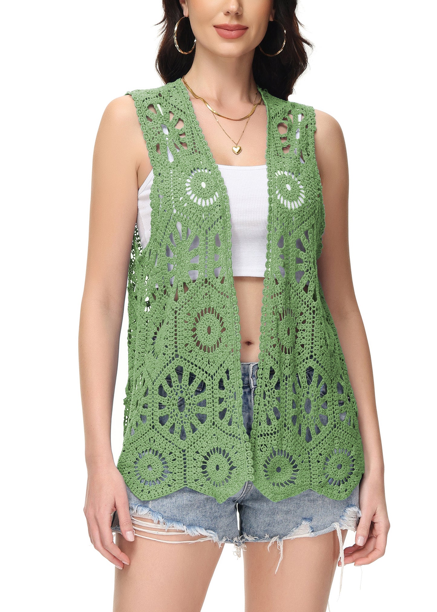 Anna-Kaci Womens Floral Crochet Cardigan Lace Trim Sleeveless Open Front Vest