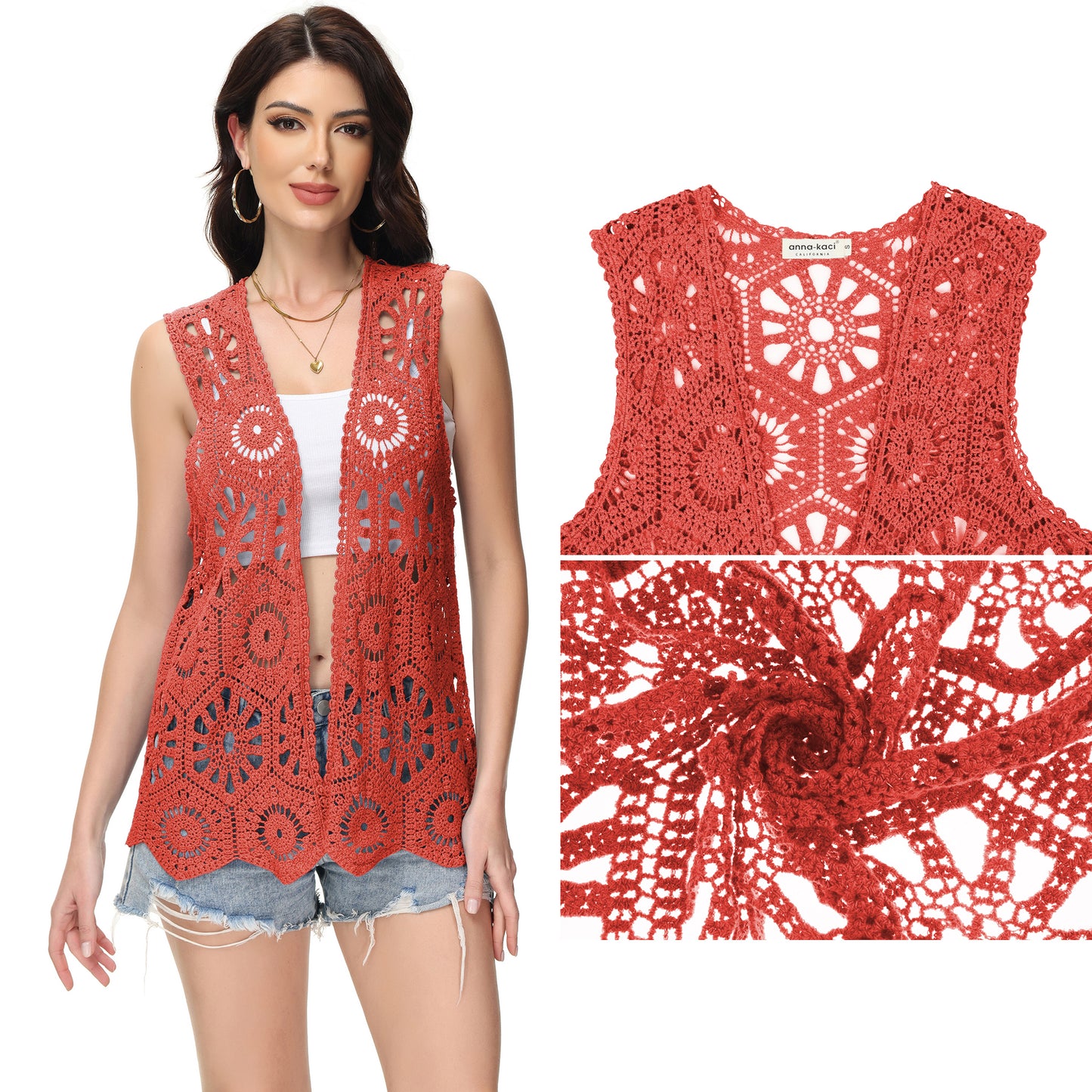 Anna-Kaci Womens Floral Crochet Cardigan Lace Trim Sleeveless Open Front Vest