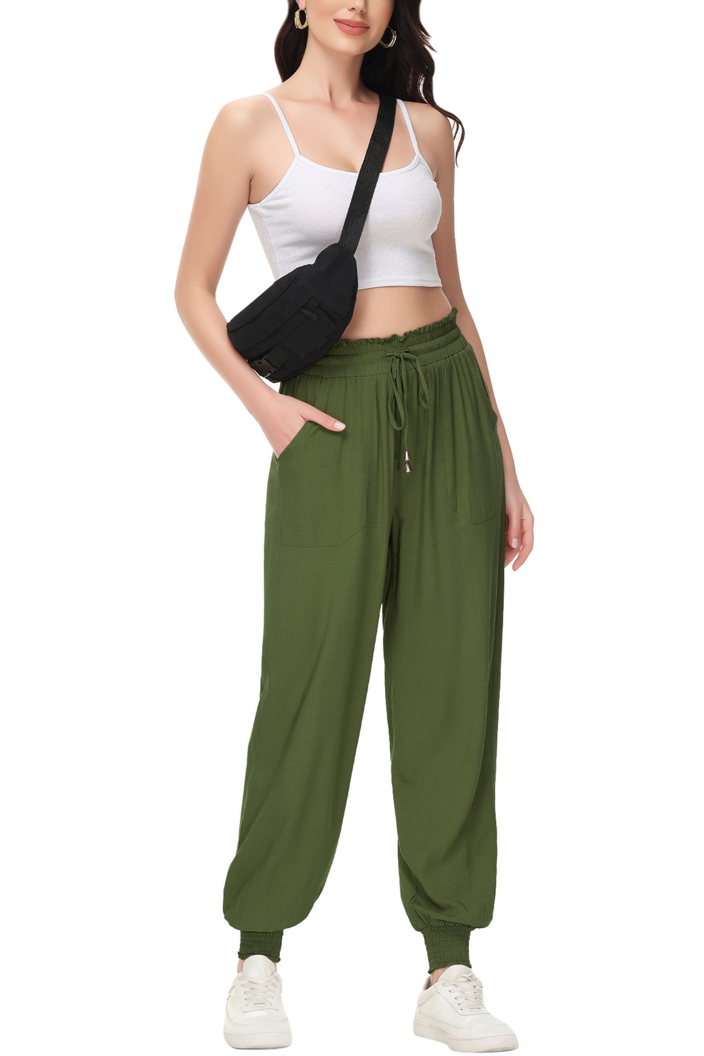 Anna-Kaci Women's Summer Lounge Pants Casual Loose High Waist Tapered Jogger Pants Drawstring Trousers with Pockets