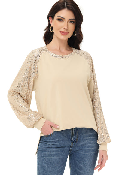 Anna-Kaci Women's Casual Sequin Ballon Long Sleeve Blouse Loose Round Neck Matching Top Party¡­