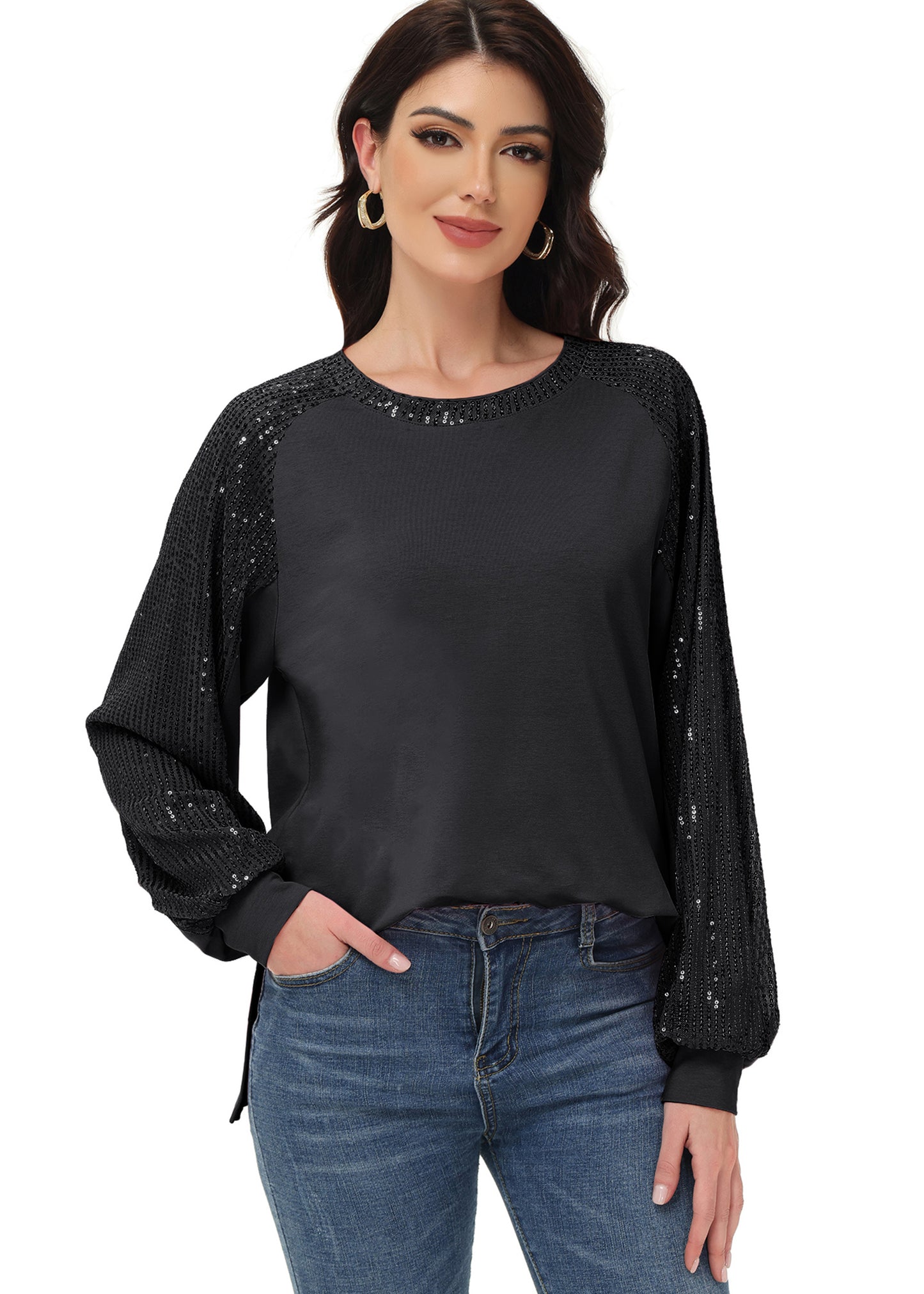 Anna-Kaci Women's Casual Sequin Ballon Long Sleeve Blouse Loose Round Neck Matching Top Party¡­