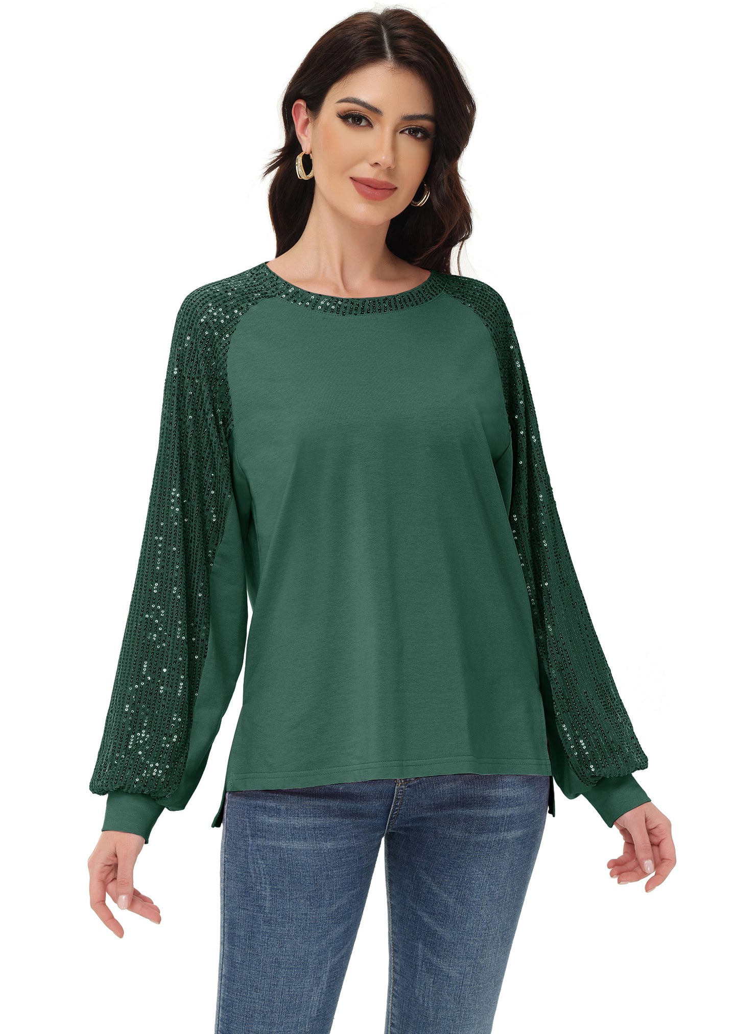 Anna-Kaci Women's Casual Sequin Ballon Long Sleeve Blouse Loose Round Neck Matching Top Party¡­