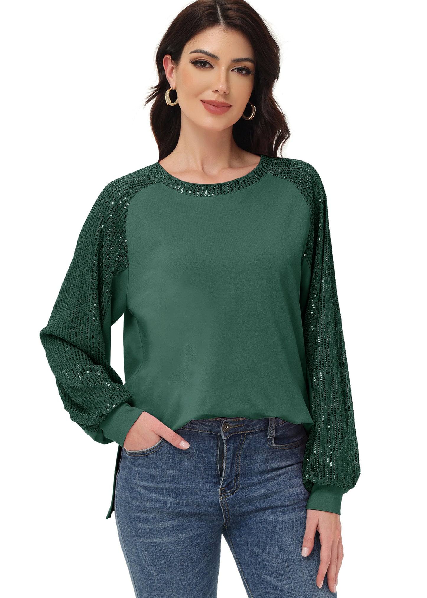 Anna-Kaci Women's Casual Sequin Ballon Long Sleeve Blouse Loose Round Neck Matching Top Party¡­