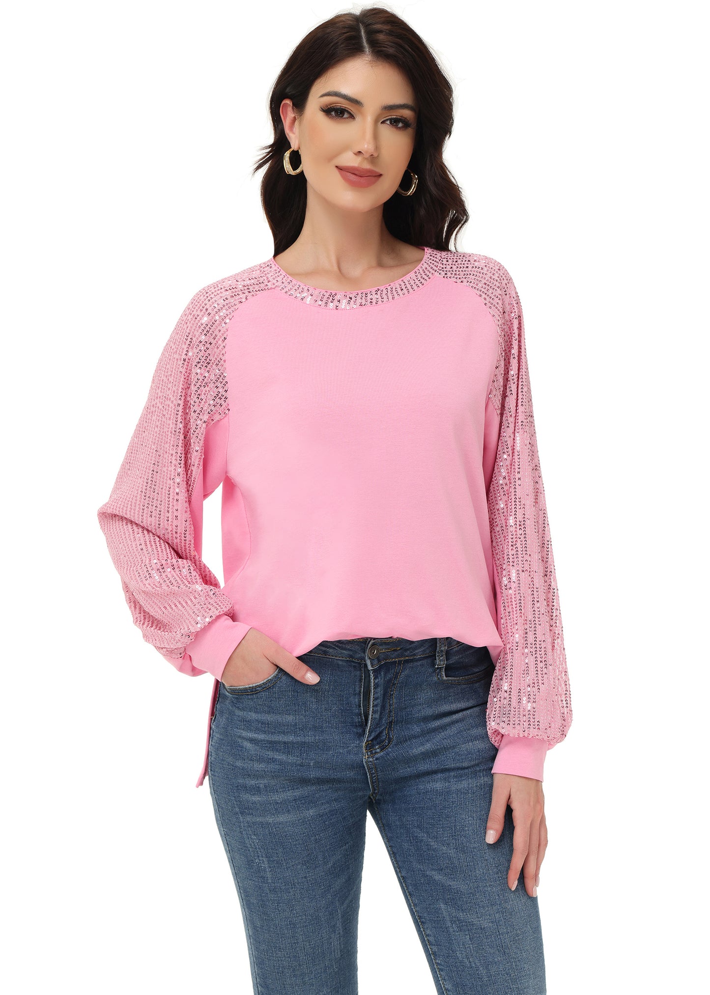 Anna-Kaci Women's Casual Sequin Ballon Long Sleeve Blouse Loose Round Neck Matching Top Party¡­