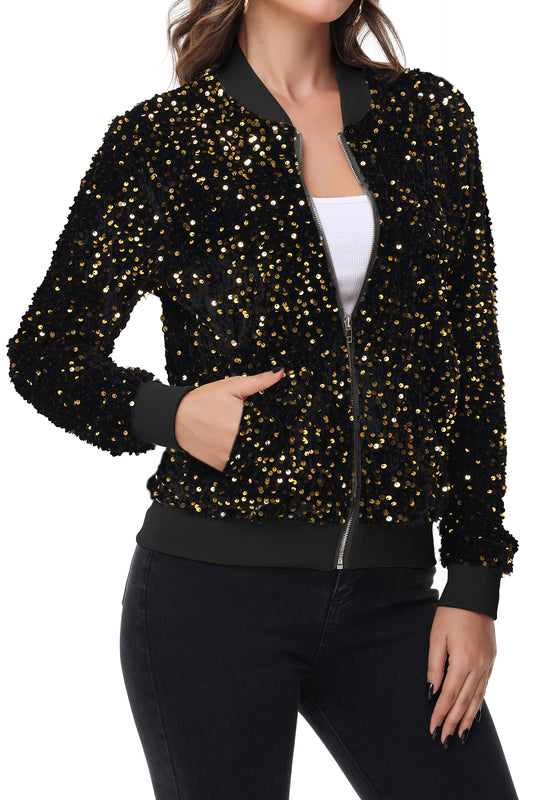 Anna-Kaci Women's Sparkly Sequin Jacket Zipper Long Sleeve Glitter Sequin Bomber Jacket with Pockets