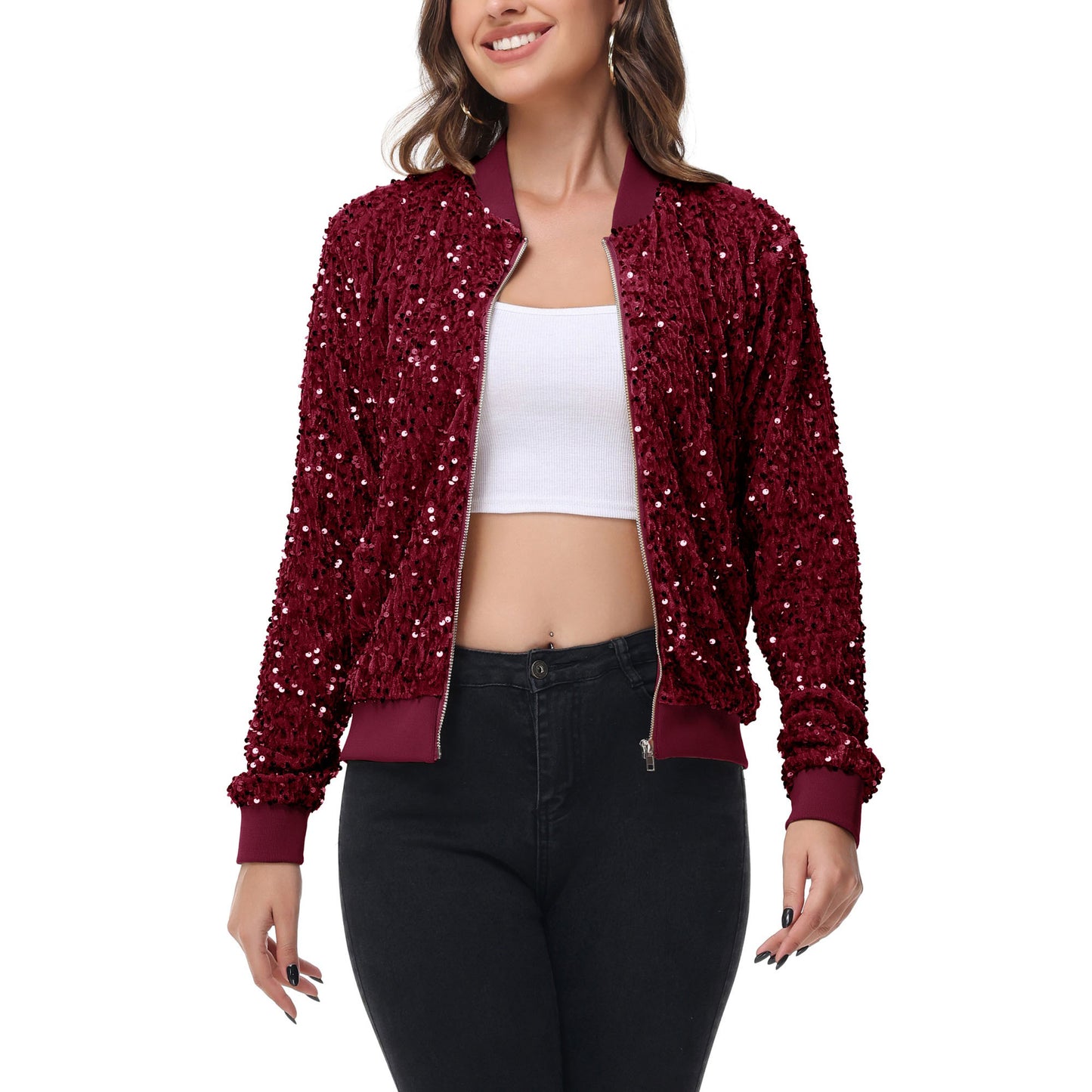 Anna-Kaci Women's Sparkly Sequin Jacket Zipper Long Sleeve Glitter Sequin Bomber Jacket with Pockets