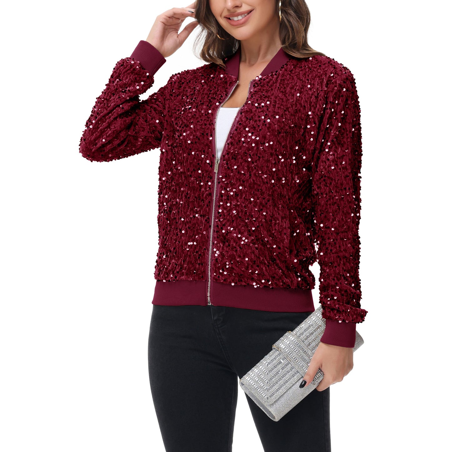 Anna-Kaci Women's Sparkly Sequin Jacket Zipper Long Sleeve Glitter Sequin Bomber Jacket with Pockets