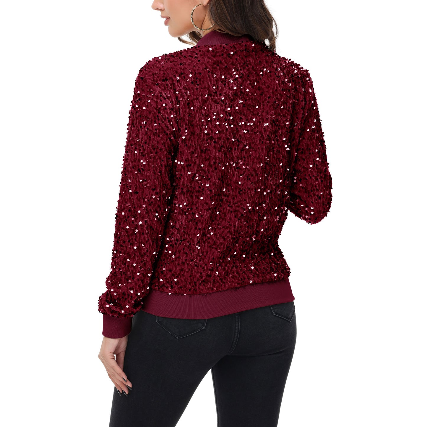 Anna-Kaci Women's Sparkly Sequin Jacket Zipper Long Sleeve Glitter Sequin Bomber Jacket with Pockets